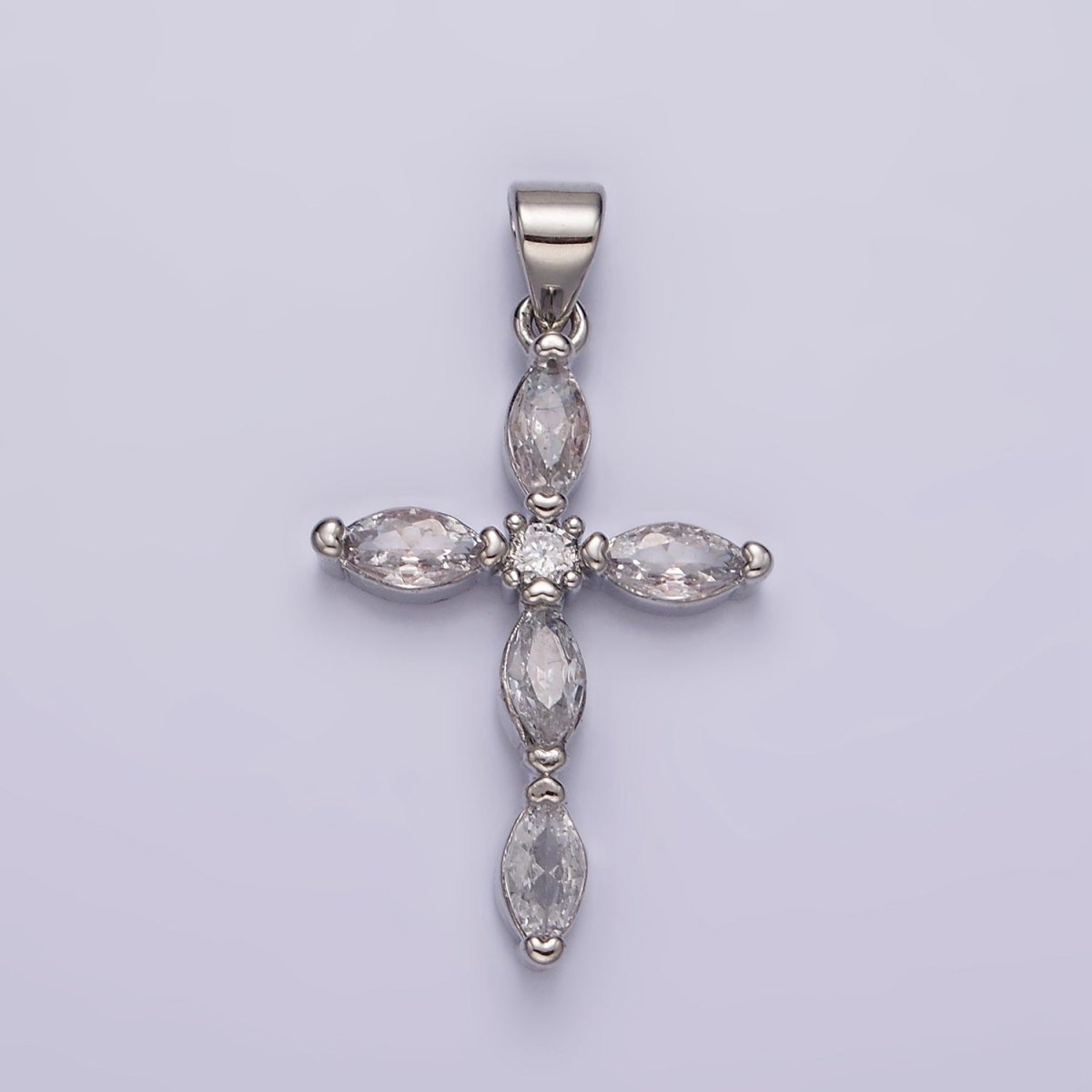 Rhodium Plated Clear Marquise Lined Religious Cross Pendant | AA1103