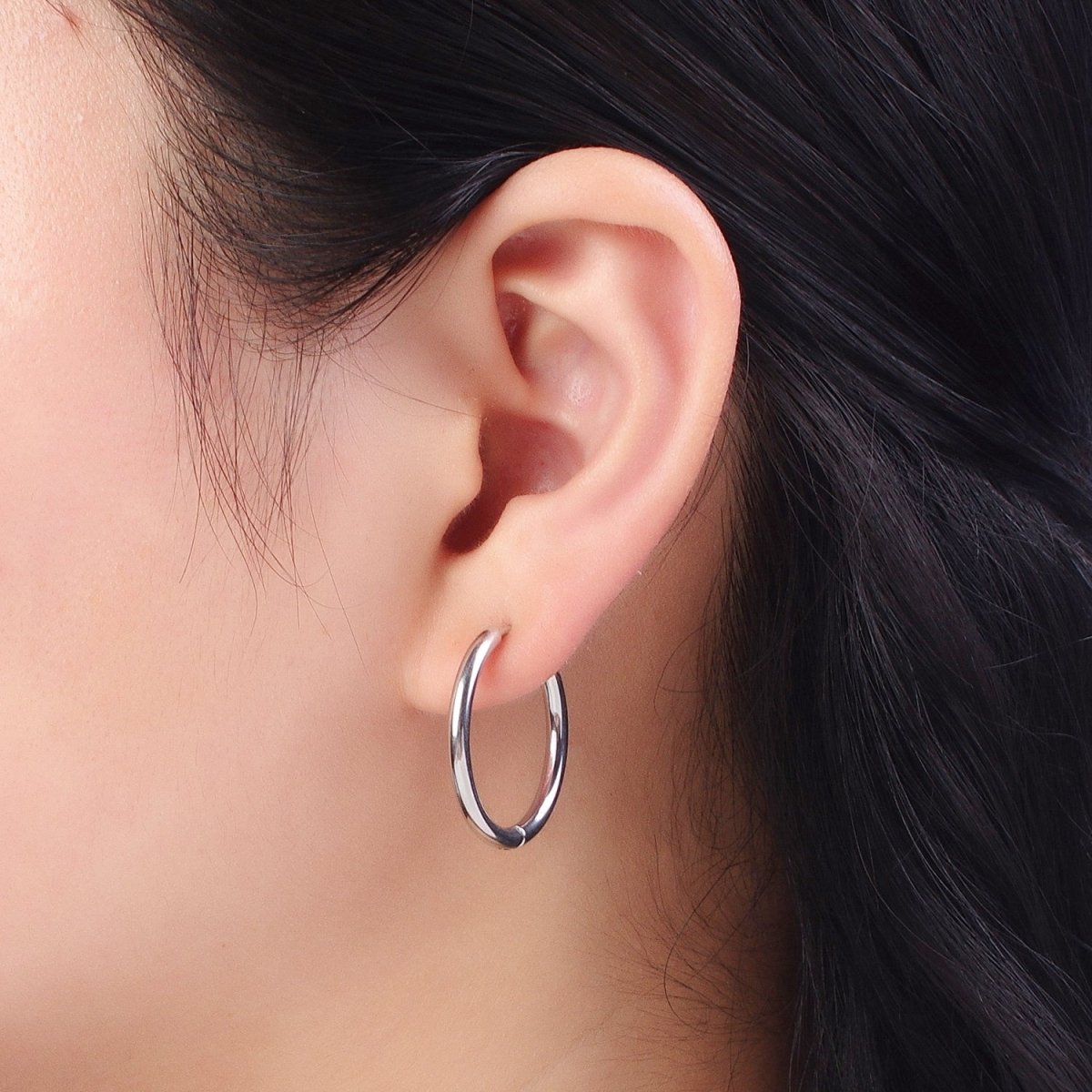 Rhodium Plated Endless Huggie Hoop Minimalist Hypoallergenic Earrings | AE-1035~AE-1039 P-035 P-112 AD-073 P-218