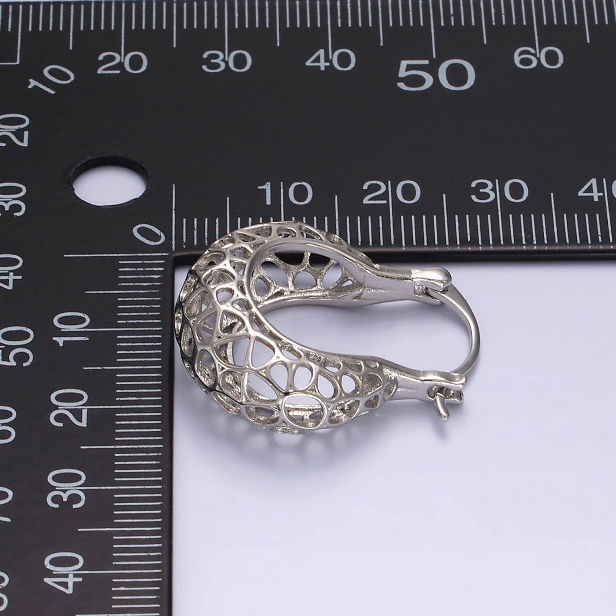 Rhodium Plated Geometric Filigree Open Dome French Lock Latch Hoop Earrings | AE206