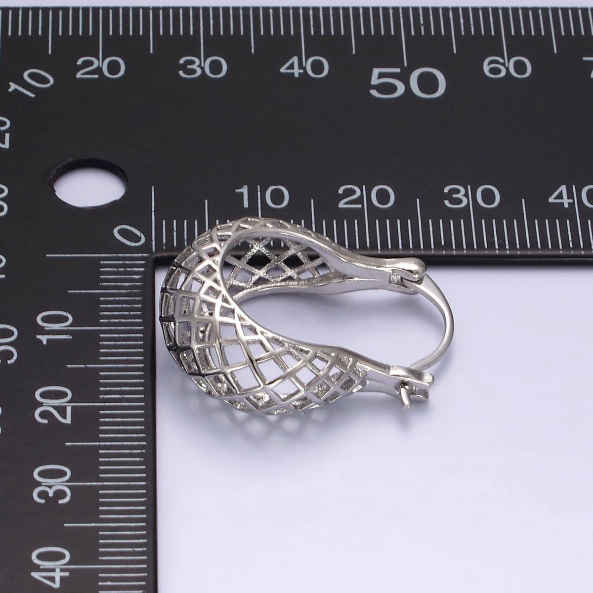 Rhodium Plated Rhombus Filigree Open Dome French Lock Latch Hoop Earrings | AE204