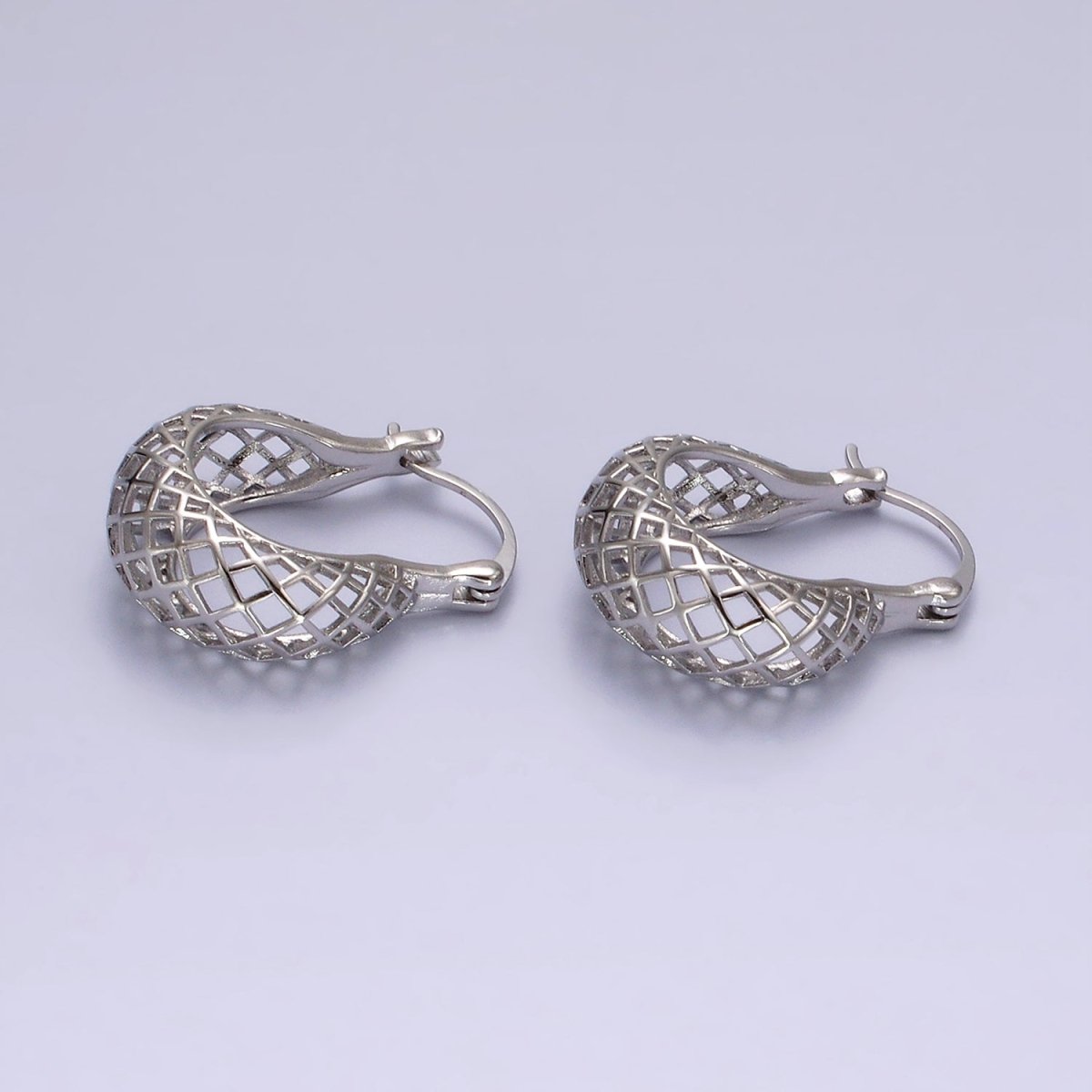 Rhodium Plated Rhombus Filigree Open Dome French Lock Latch Hoop Earrings | AE204