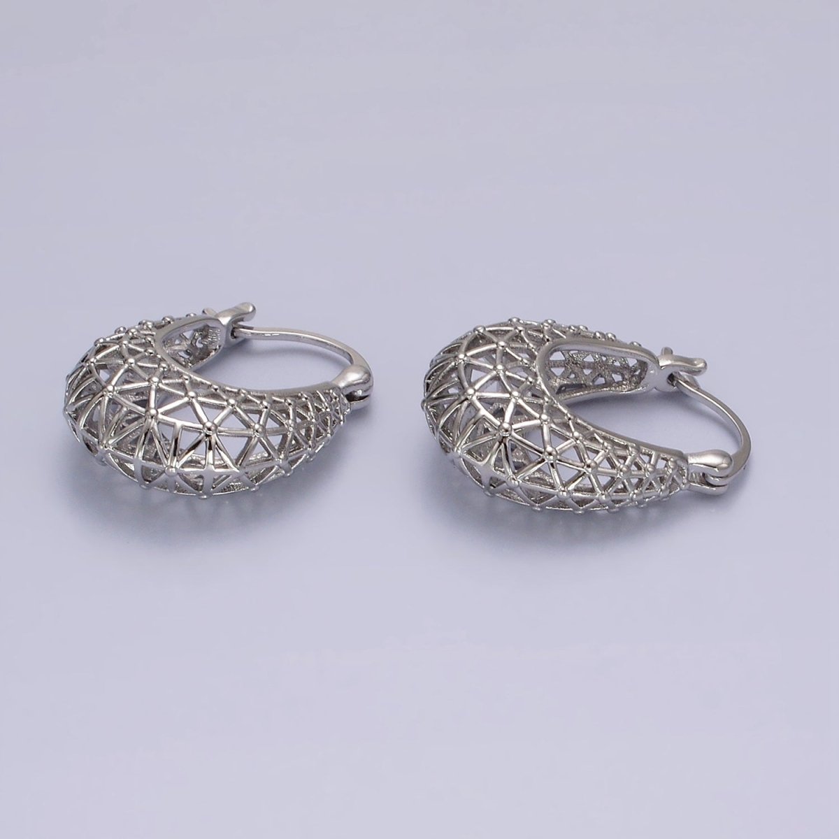 Rhodium Plated Triangle Filigree Open Dome French Lock Latch Hoop Earrings | AE207