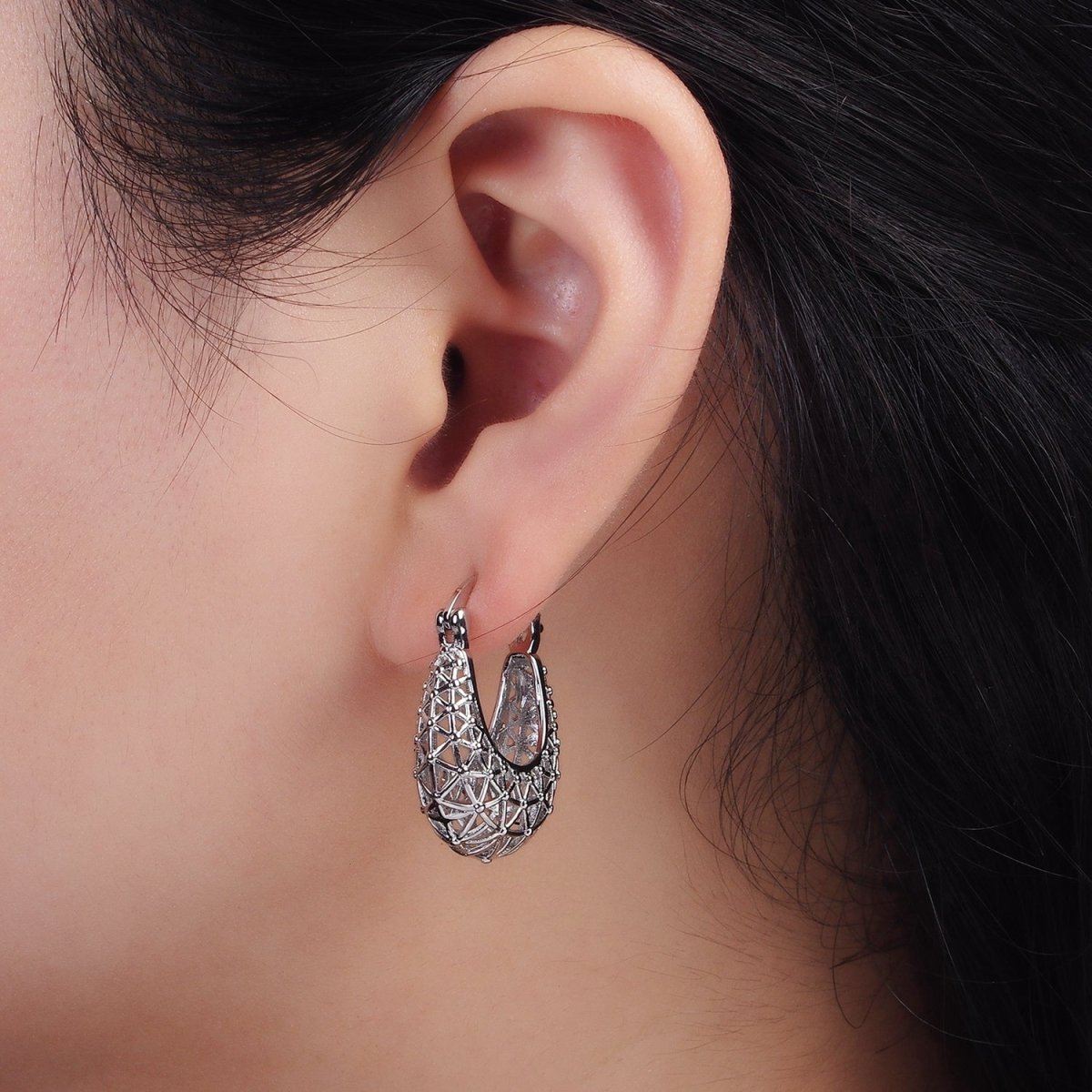 Rhodium Plated Triangle Filigree Open Dome French Lock Latch Hoop Earrings | AE207