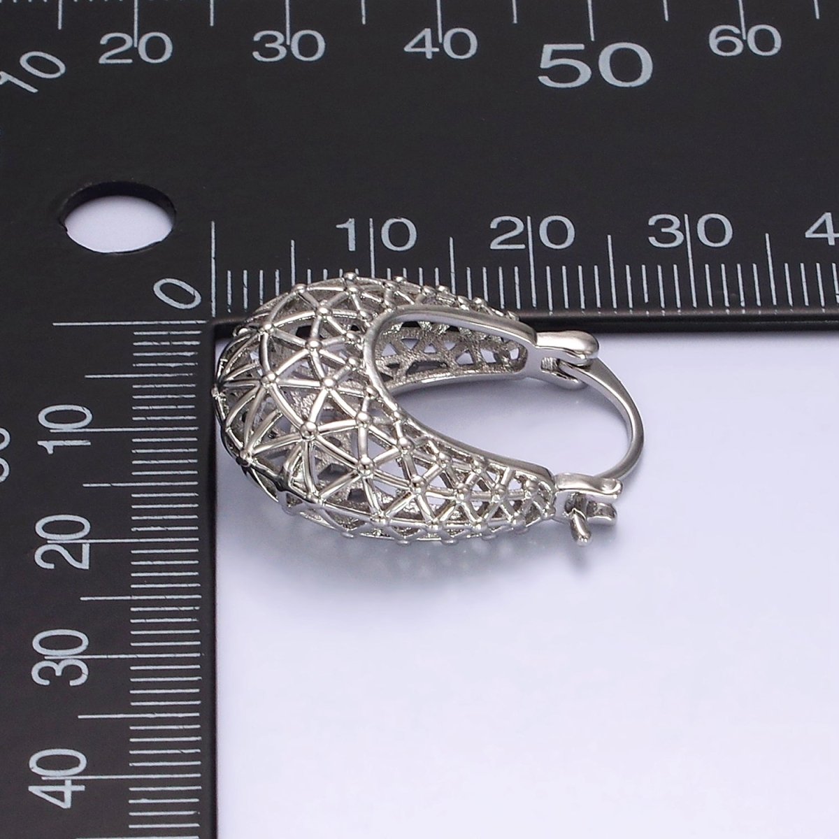 Rhodium Plated Triangle Filigree Open Dome French Lock Latch Hoop Earrings | AE207