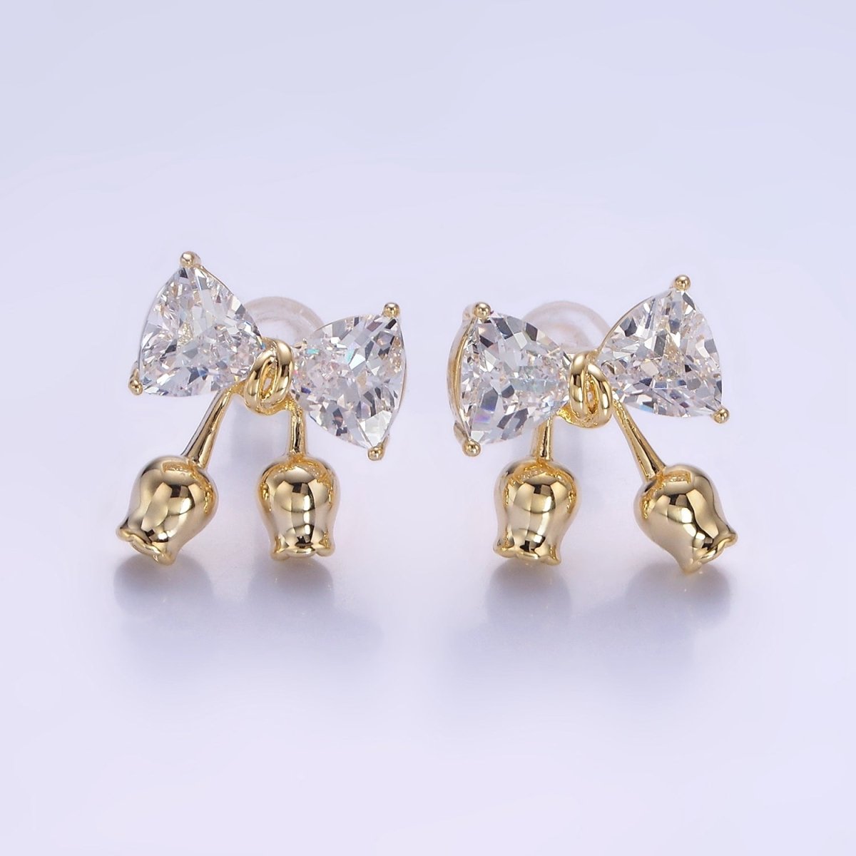 Rose Flower Ribbon Bow CZ Stud Earrings in Gold & Silver | V530 V531