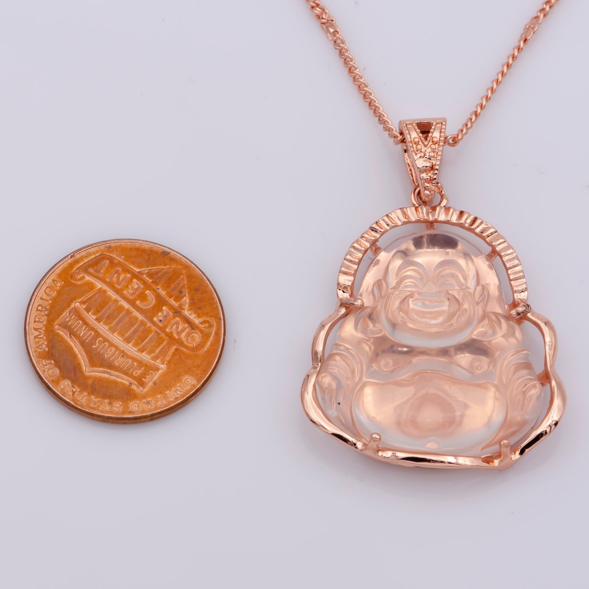 Rose Gold Buddha Necklace Pink Clear Laughing Buddha Necklace 18.5 Inch long Ready to Wear for Statement Jewelry AH-332