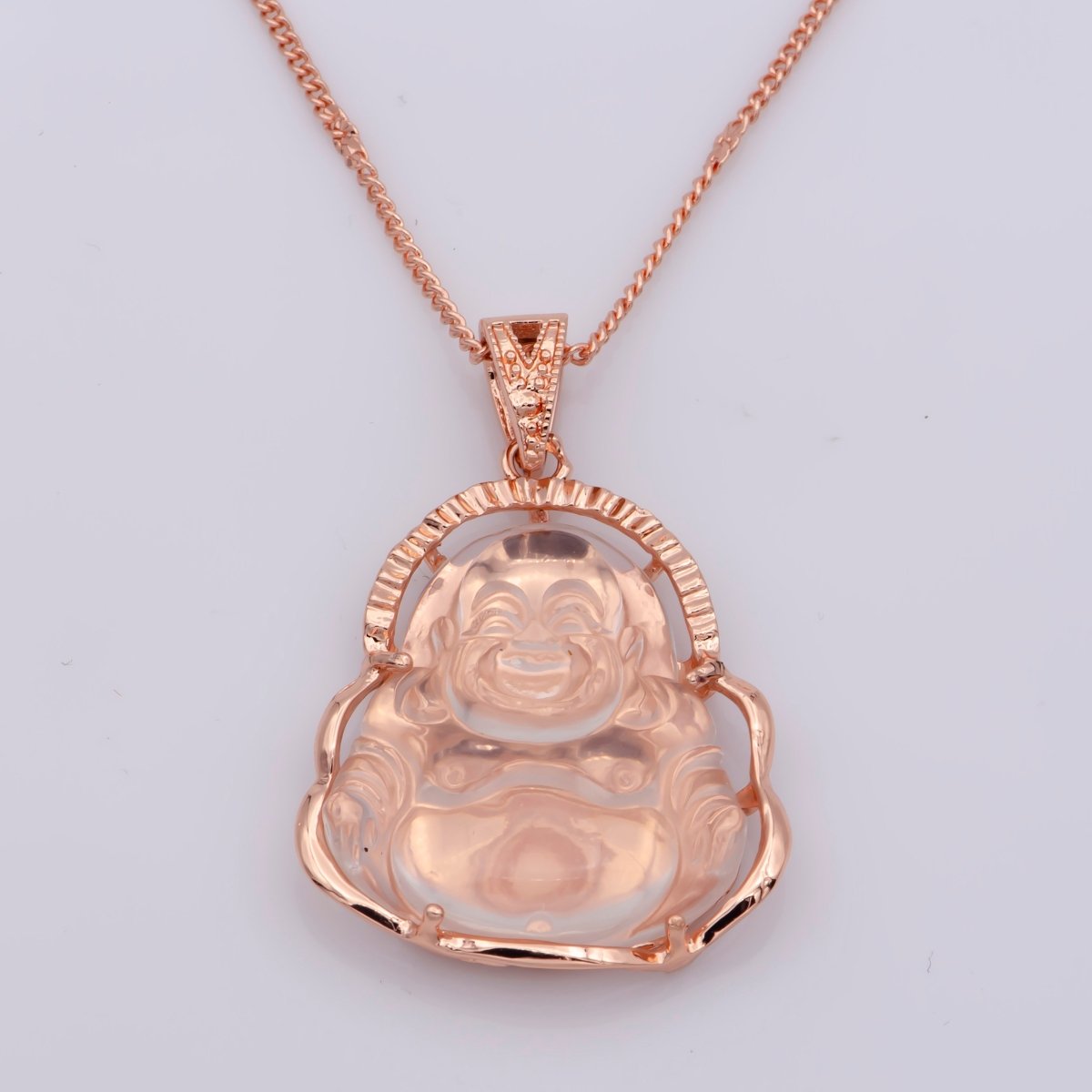 Rose Gold Buddha Necklace Pink Clear Laughing Buddha Necklace 18.5 Inch long Ready to Wear for Statement Jewelry AH-332