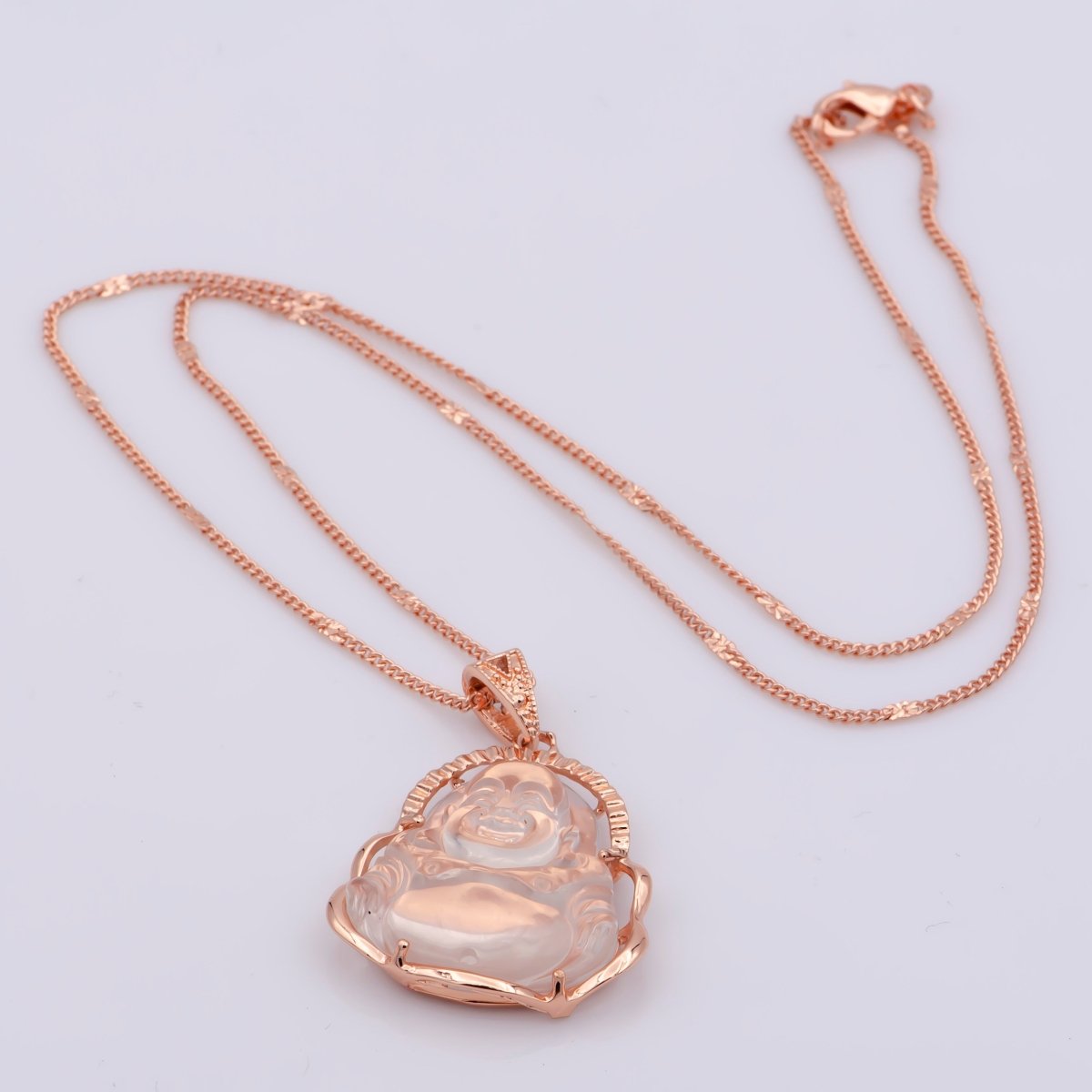 Rose Gold Buddha Necklace Pink Clear Laughing Buddha Necklace 18.5 Inch long Ready to Wear for Statement Jewelry AH-332
