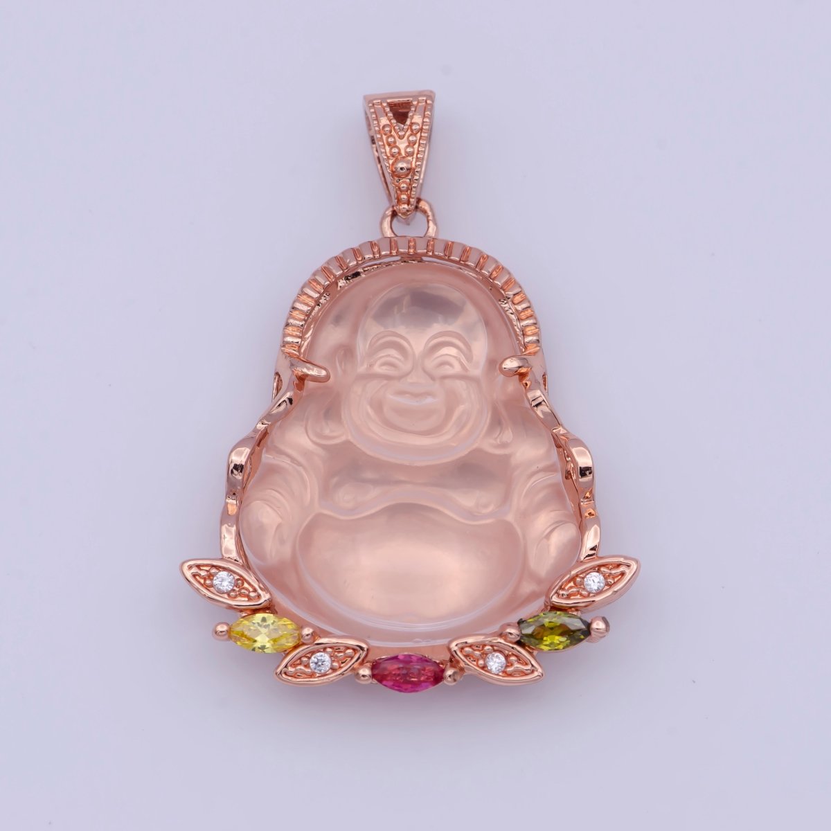 OS Rose Gold Filled Jade Laughing Buddha with Marquise Cubic Zirconia Pendant | X-529