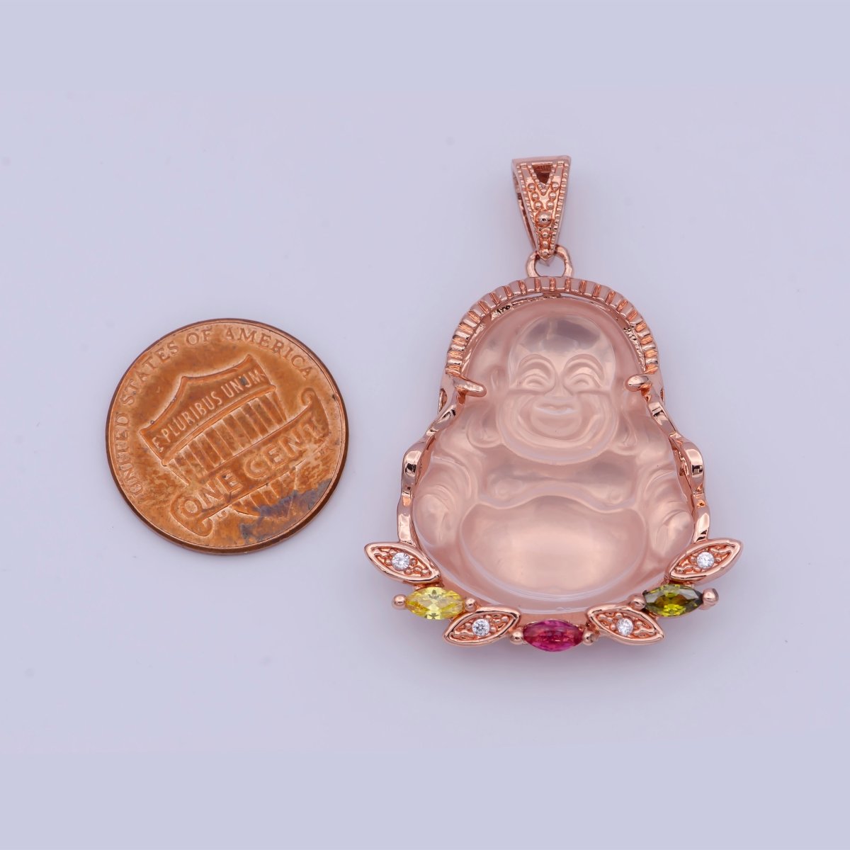 OS Rose Gold Filled Jade Laughing Buddha with Marquise Cubic Zirconia Pendant | X-529