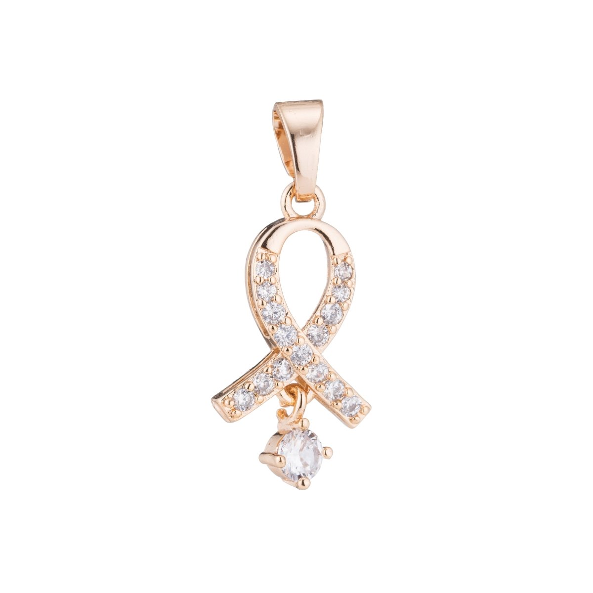 Rose Gold Pink Awareness Ribbon Cancer Survivor Hope Health Cubic Zirconia Necklace Pendant Charm Bead Bails Findings for Jewelry Making H-192
