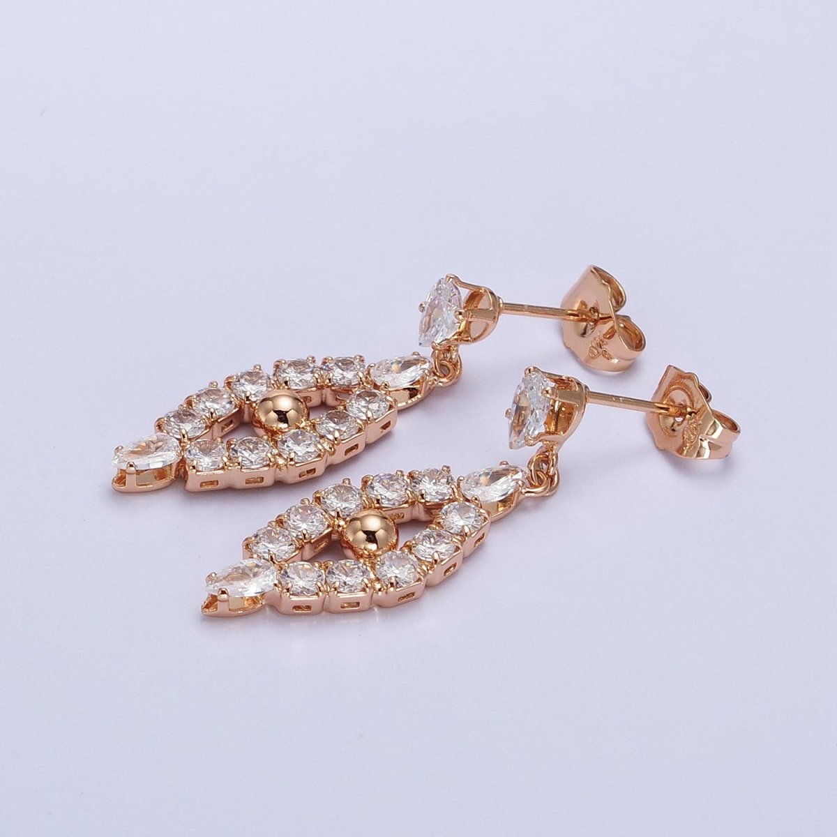 Rosey Gold Dangle Clear Teardrop CZ Cubic Zirconia Stud Earrings | AB302