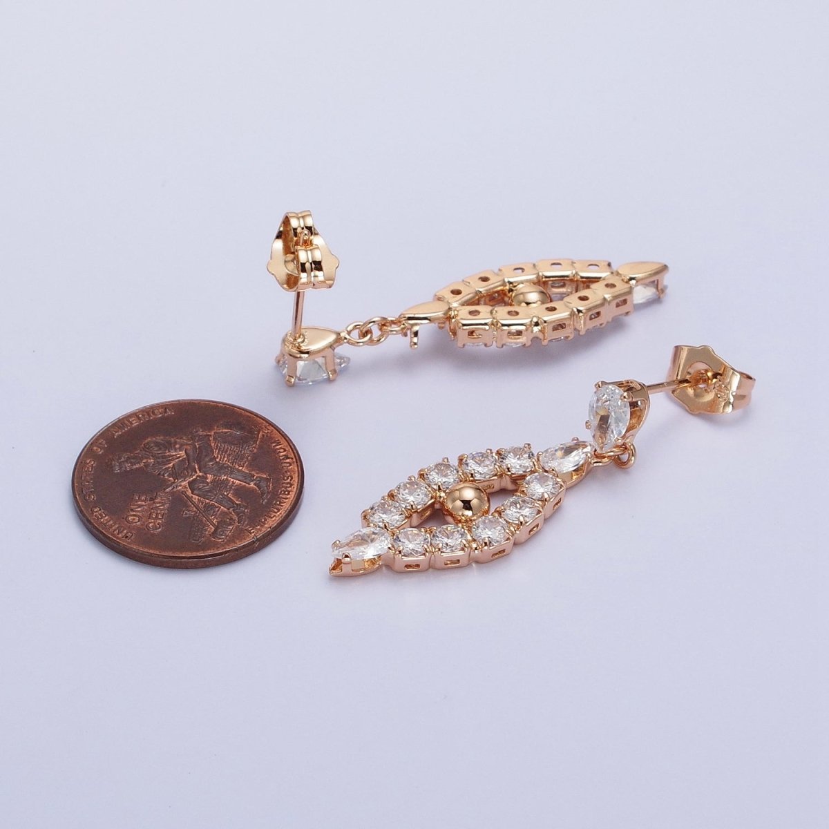 Rosey Gold Dangle Clear Teardrop CZ Cubic Zirconia Stud Earrings | AB302