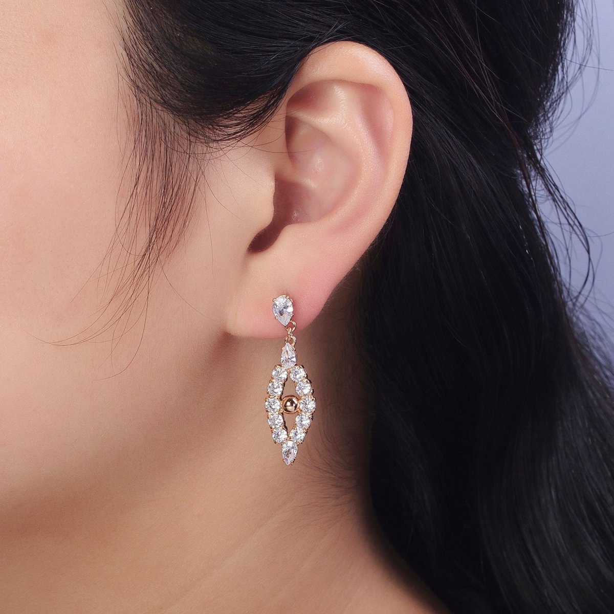 Rosey Gold Dangle Clear Teardrop CZ Cubic Zirconia Stud Earrings | AB302