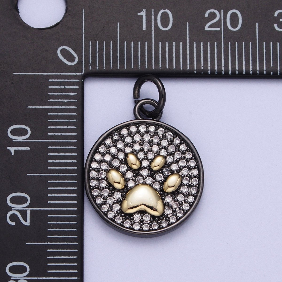 Round Clear Micro Paved CZ Gold Animal Pawprint Black Medallion Charm | X-728