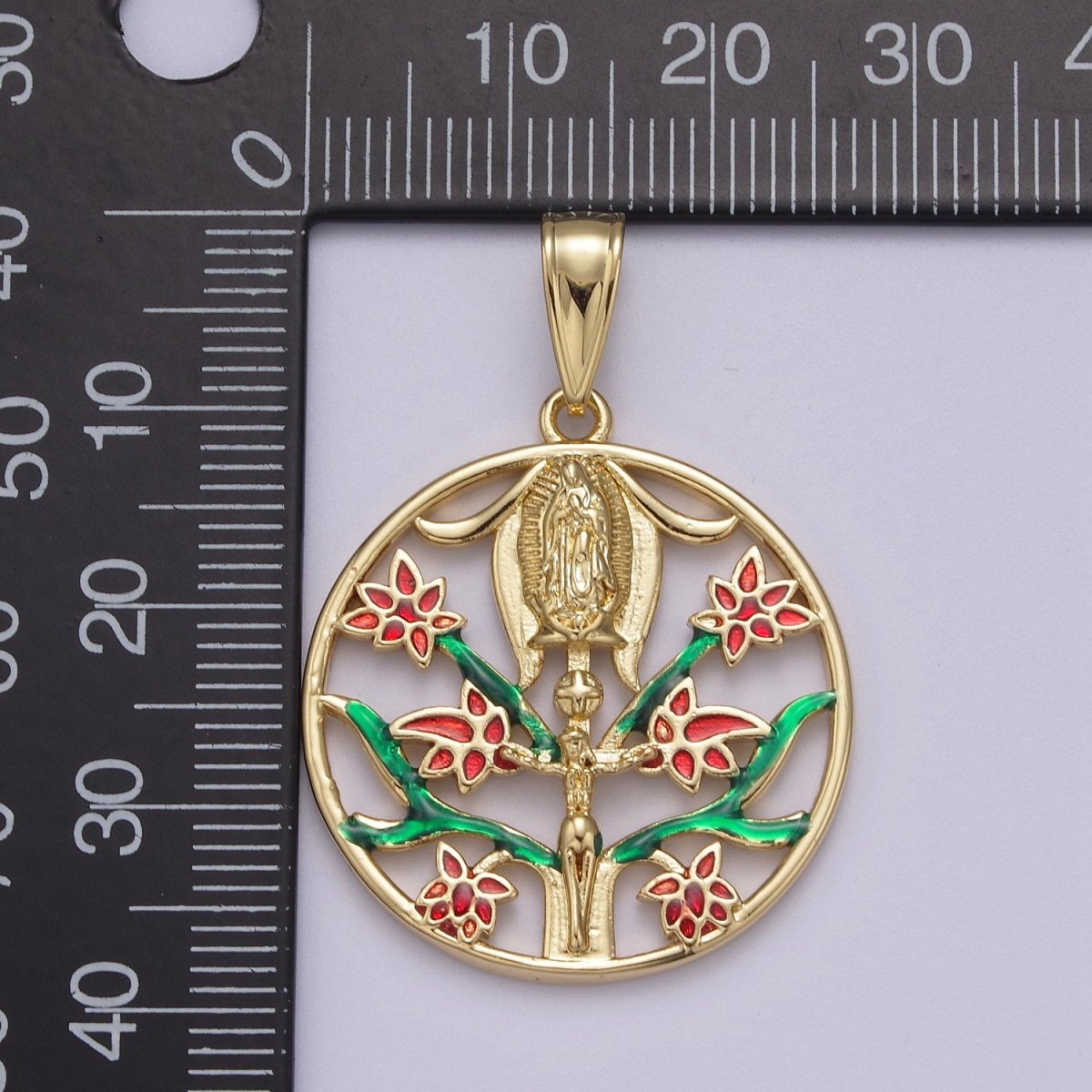 Round Coin Gold Virgin Mary With Green Garden Pink Rose Flower for Necklace Pendant N-615
