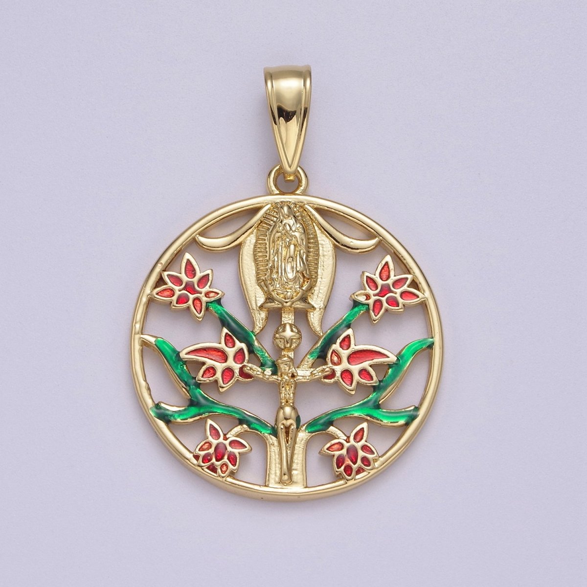 Round Coin Gold Virgin Mary With Green Garden Pink Rose Flower for Necklace Pendant N-615
