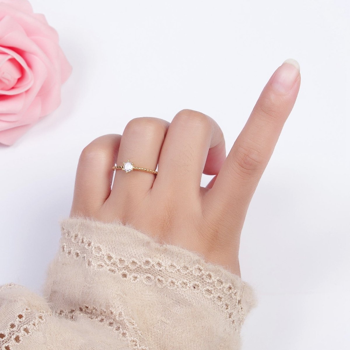 Round Cubic Zirconia Stone Beaded Adjustable Promise Ring | S-271