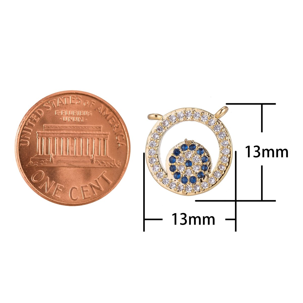 Round Gold Blue Crystal Bracelet Connector, Modern Micro Pave CZ Charm, Floating Circle Wheel Necklace Pendant for Jewelry Making F-741
