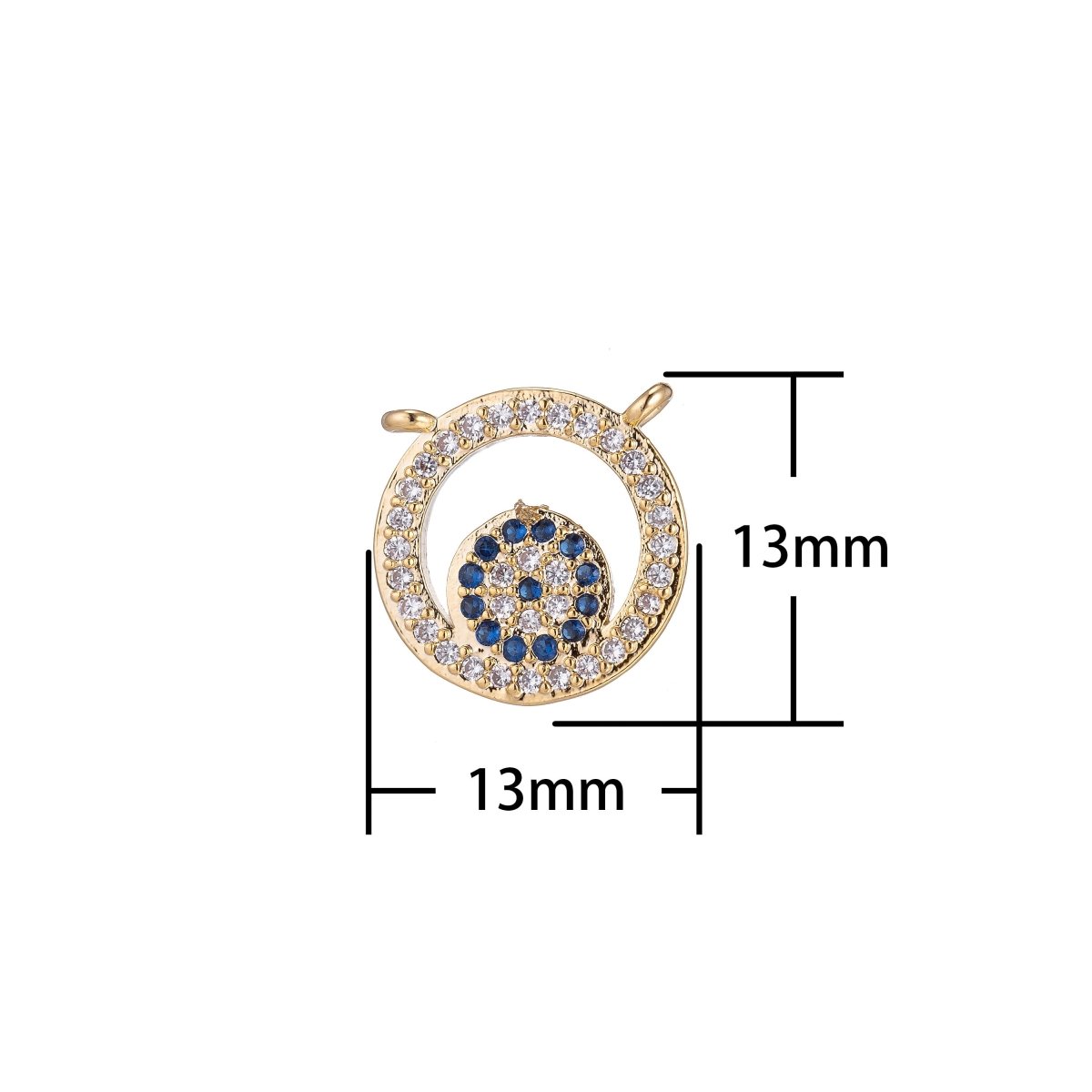 Round Gold Blue Crystal Bracelet Connector, Modern Micro Pave CZ Charm, Floating Circle Wheel Necklace Pendant for Jewelry Making F-741