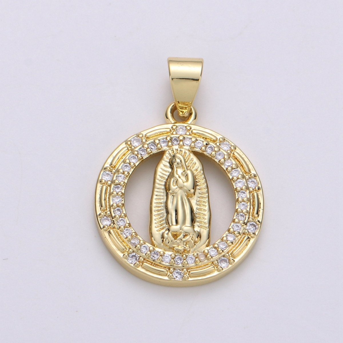 Round Gold Filled Hollow Virgin Mother Mary Pendant Catholic Baptism Micro Pave Lady Guadalupe Charm Medallion Religious Jewelry Craft I-700