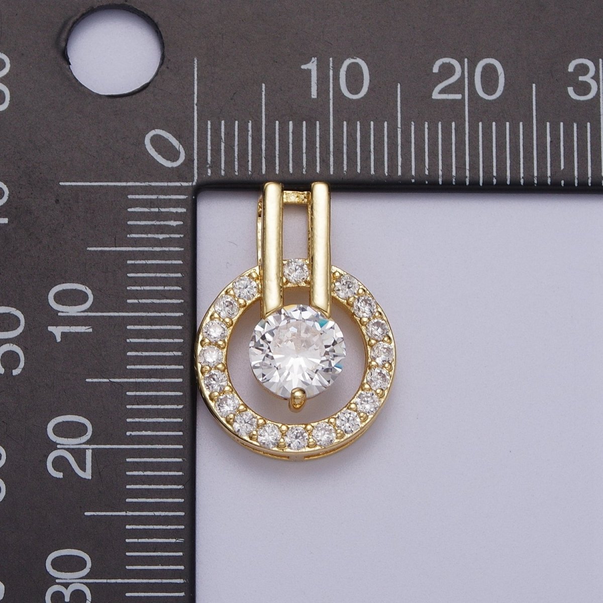 Round Gold Micro Paved Cubic Zirconia Double Bar Bail Pendant For Jewelry Making | X-546