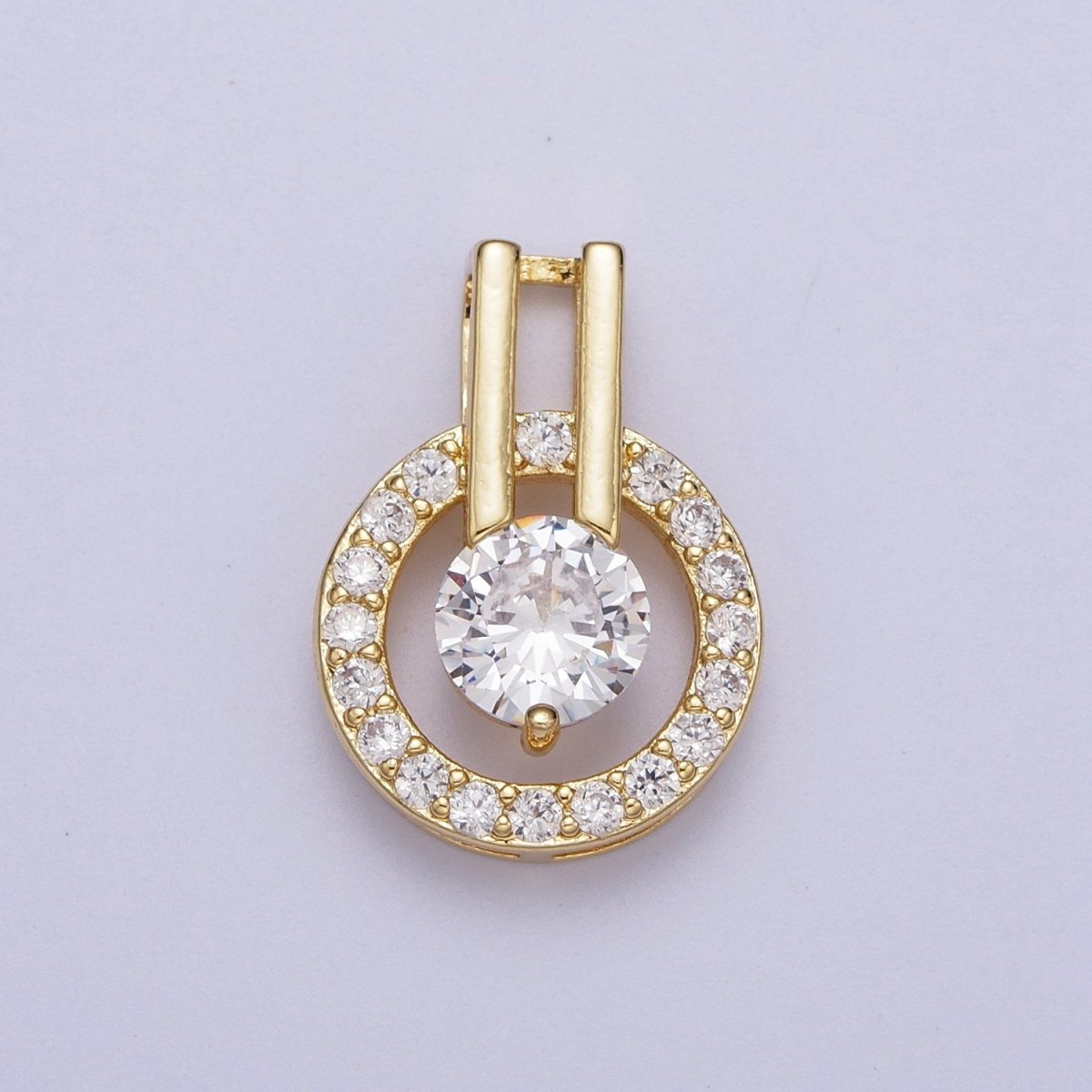 Round Gold Micro Paved Cubic Zirconia Double Bar Bail Pendant For Jewelry Making | X-546