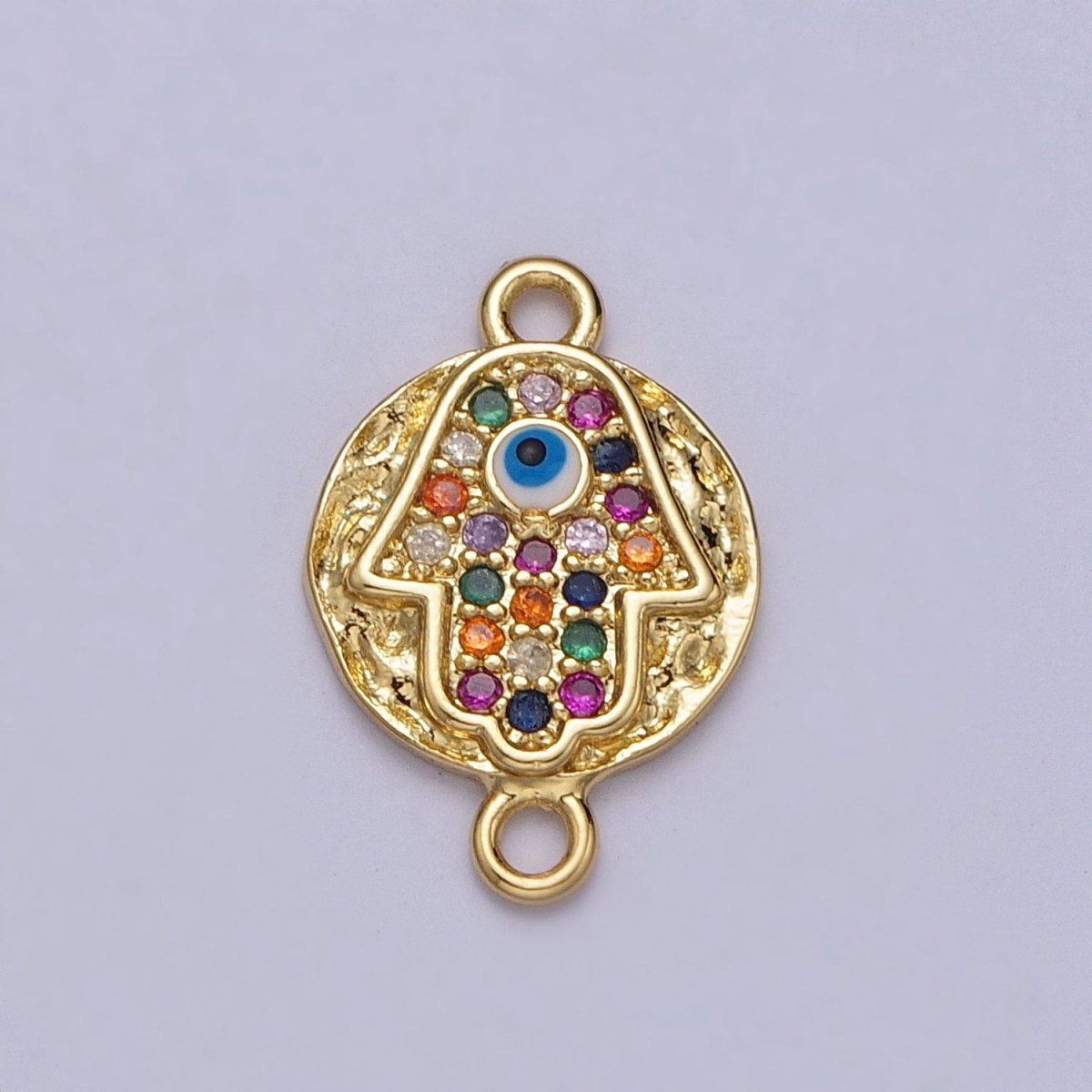 Round Hammered Evil Eye Multicolor Micro Paved CZ Gold Link Connector | Y-669