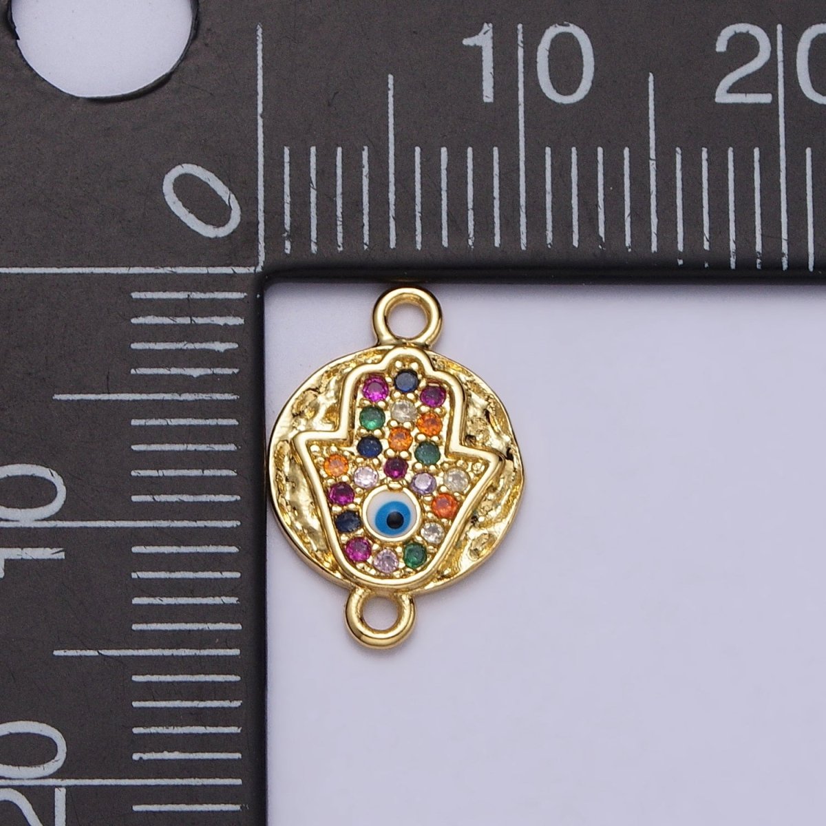 Round Hammered Evil Eye Multicolor Micro Paved CZ Gold Link Connector | Y-669