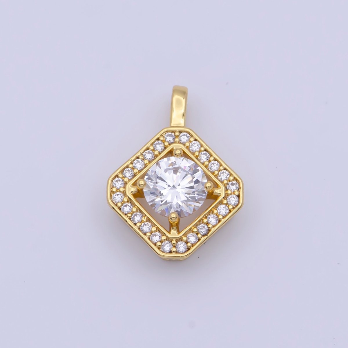 Round Micro Paved Cubic Zirconia Gold Rhombus Pendant For Necklace Making | X-499