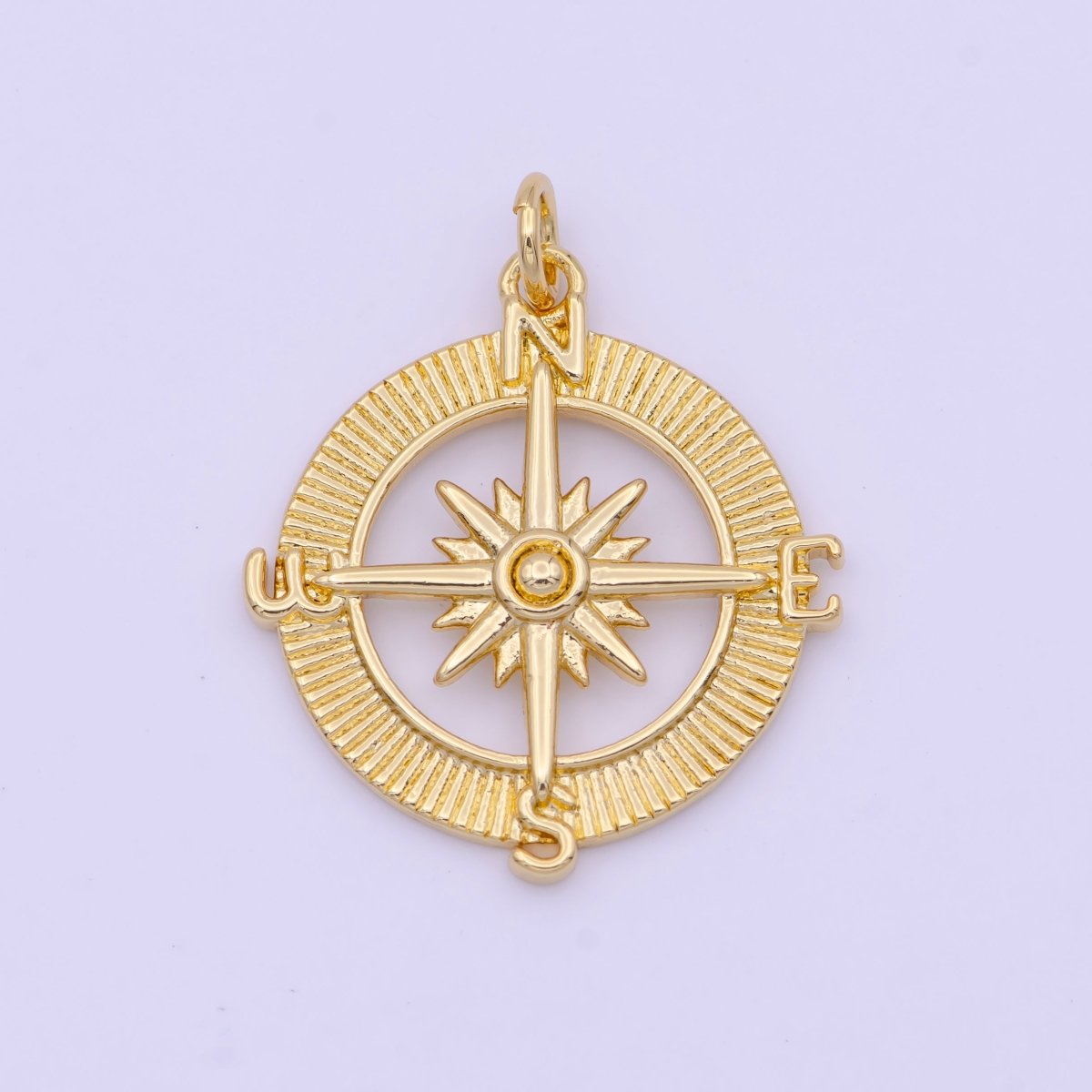 Round Open Compass Star Textured Line Gold Charm | D-573