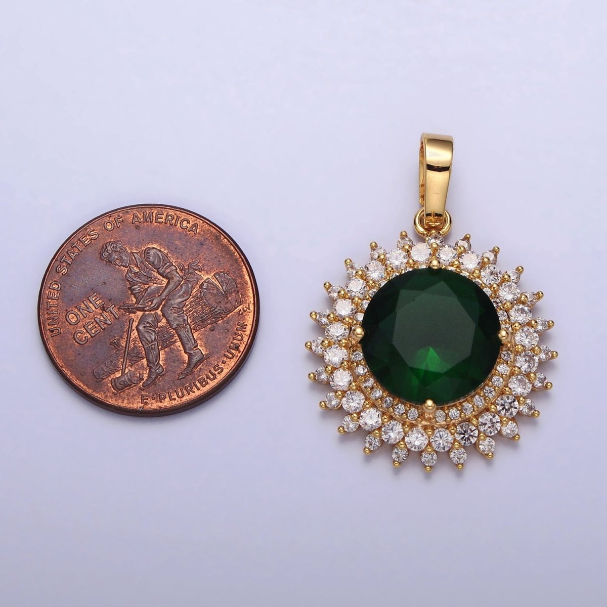 Round Sun Emerald Green CZ Clear Micro Paved Gold Pendant Celestial Jewelry | AA075