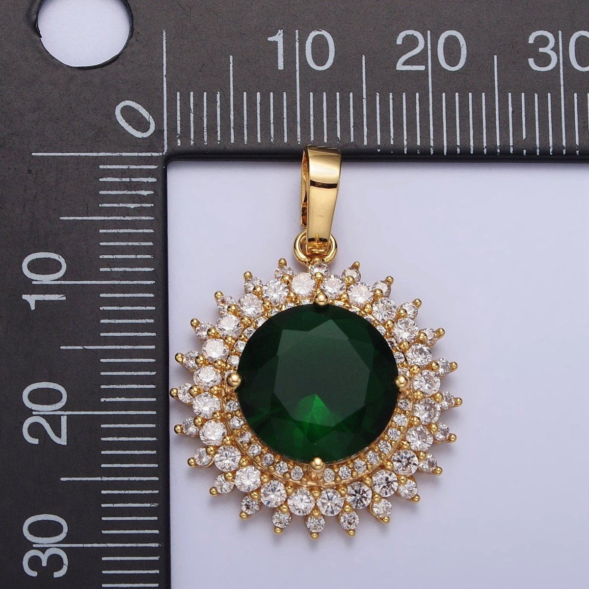 Round Sun Emerald Green CZ Clear Micro Paved Gold Pendant Celestial Jewelry | AA075