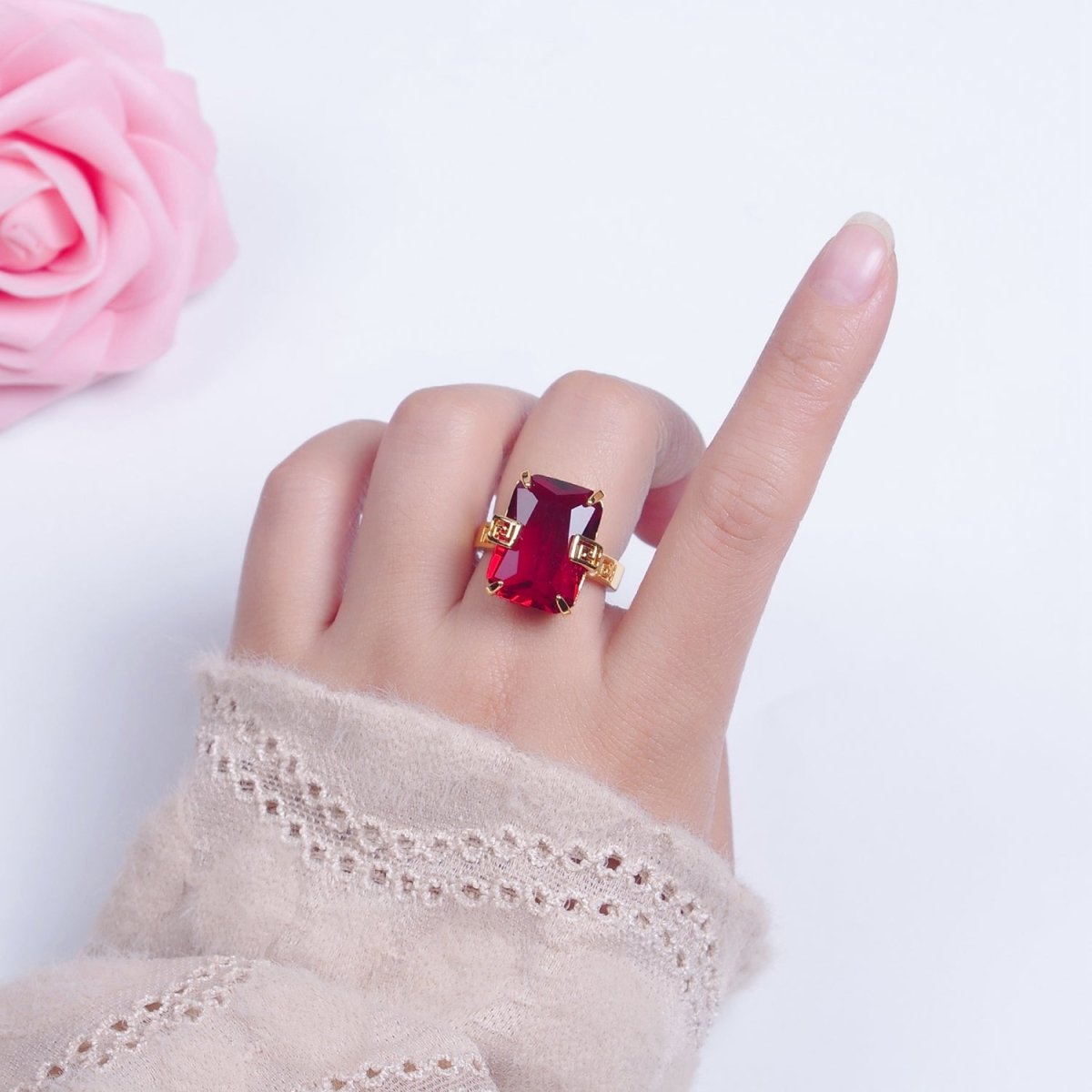 Ruby Red Baguette CZ Cubic Zirconia Statement Ring O-770