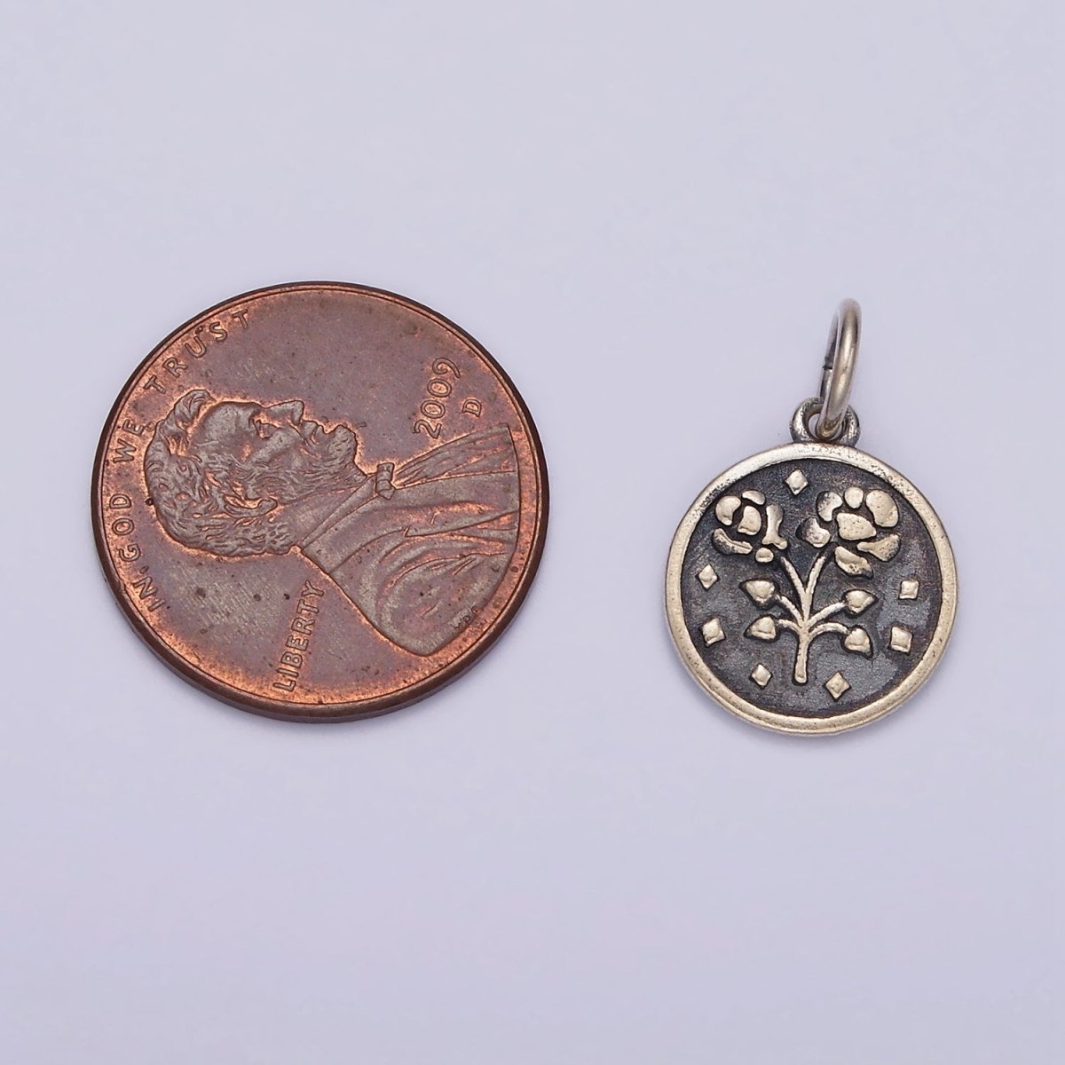 S925 Sterling Double Rose Flower Nature Rhombus Round Charm | SL-367