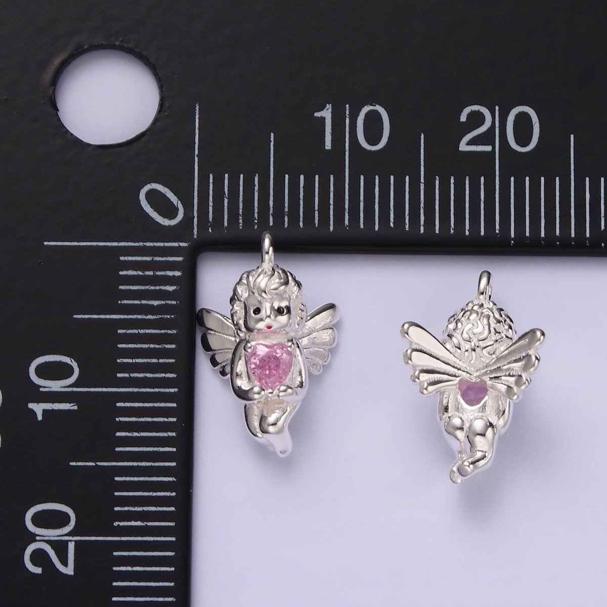 S925 Sterling Silver 15mm Pink CZ Heart Cupid Cherub Fairy Charm | SL-423