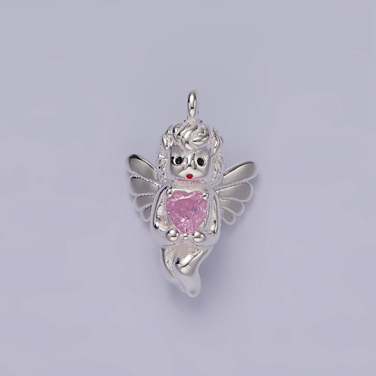 S925 Sterling Silver 15mm Pink CZ Heart Cupid Cherub Fairy Charm | SL-423