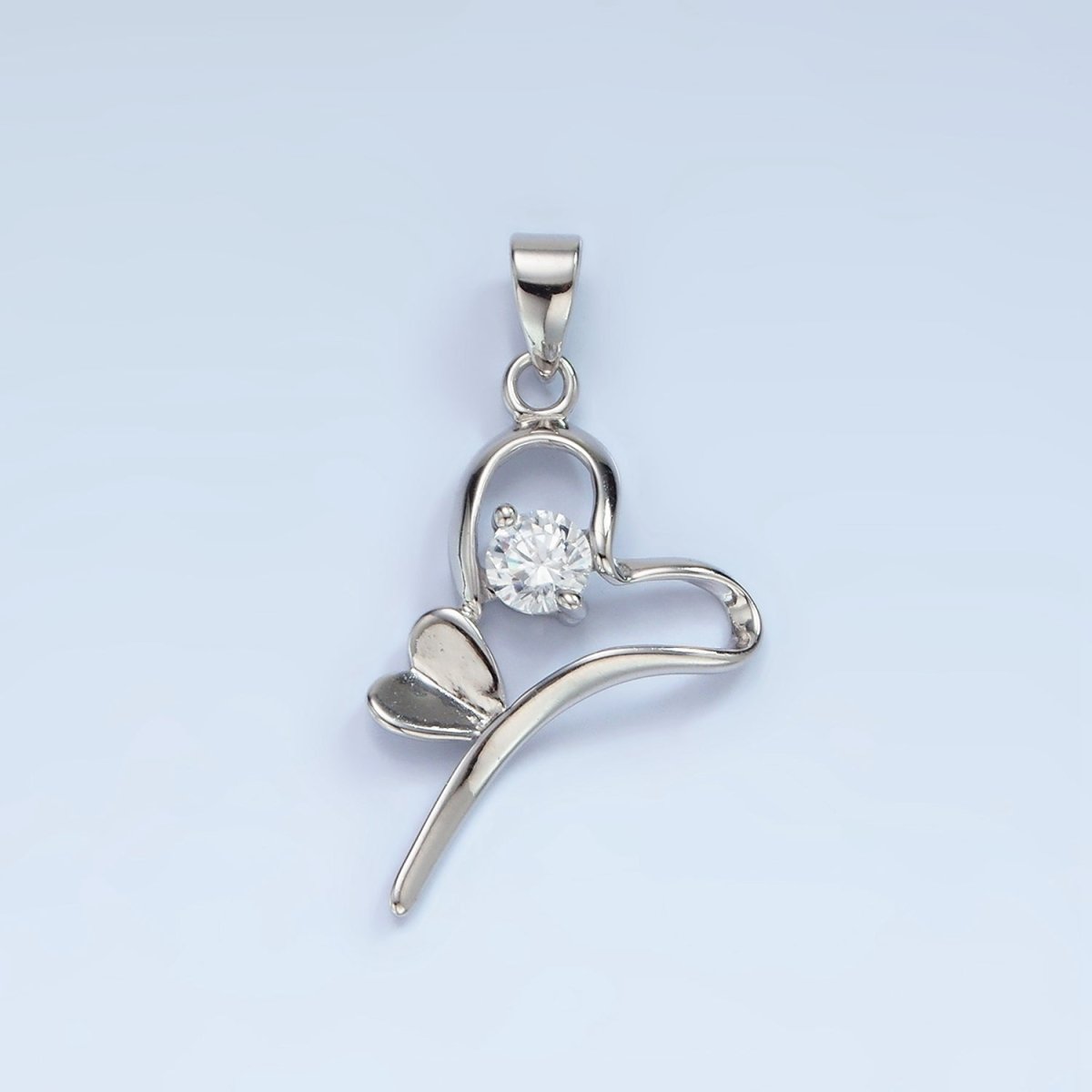 S925 Sterling Silver 25mm Clear CZ Open Double Heart Pendant | SL-450