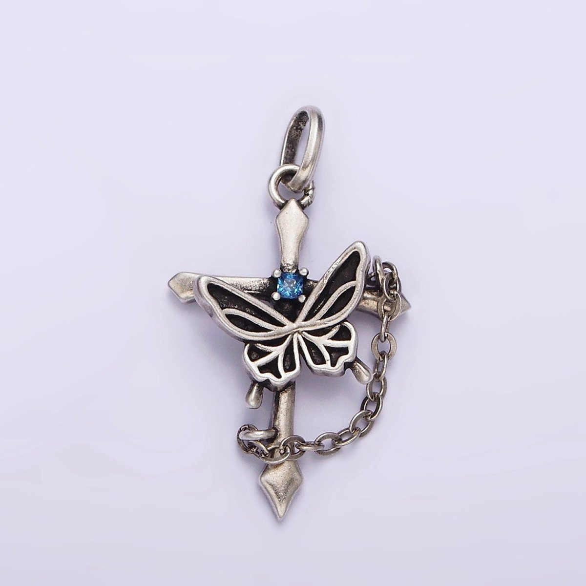 S925 Sterling Silver Blue CZ Butterfly Passion Cross Chain Link Charm | SL-331