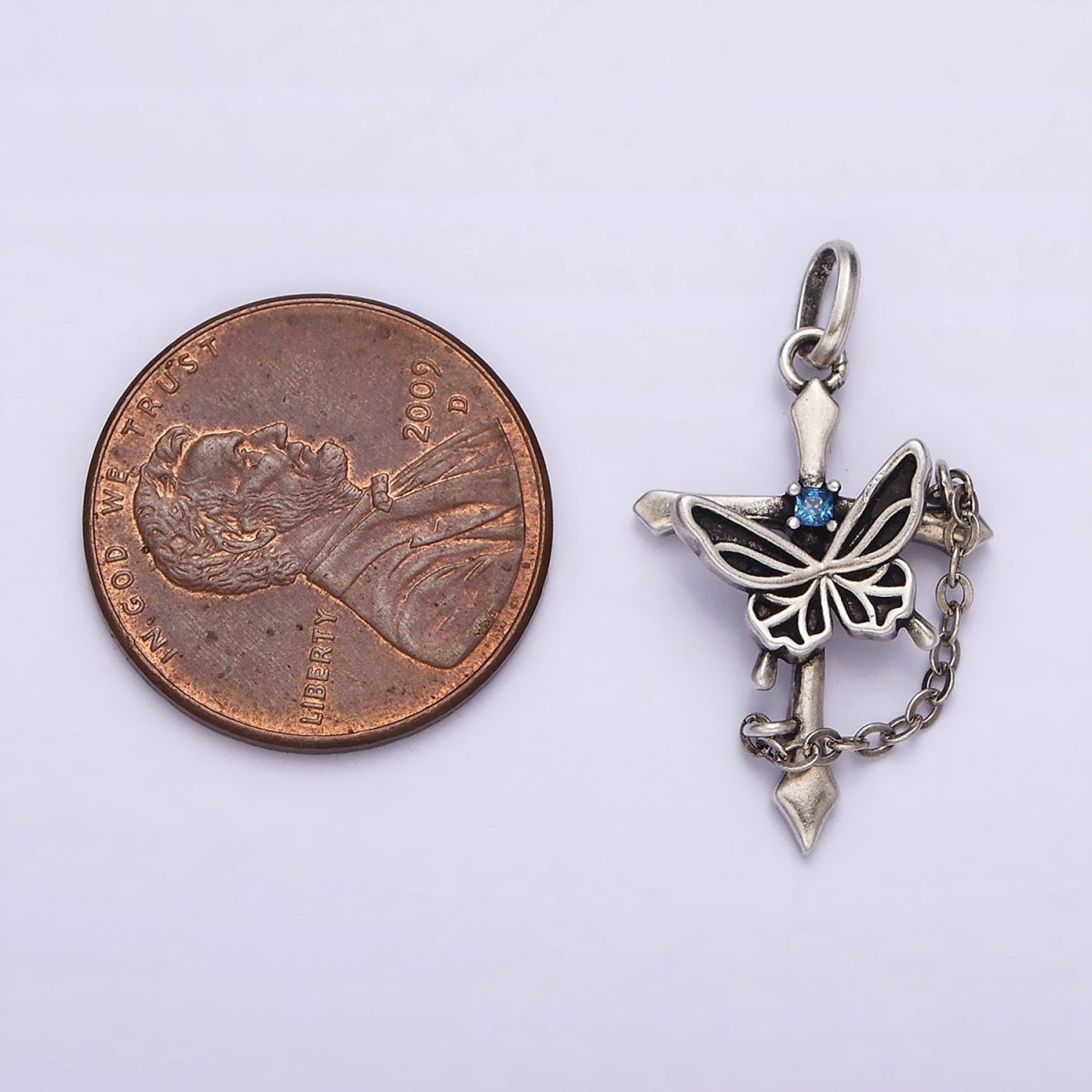 S925 Sterling Silver Blue CZ Butterfly Passion Cross Chain Link Charm | SL-331