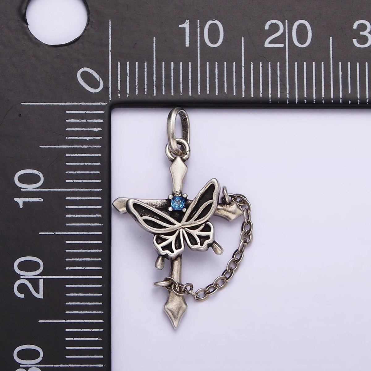 S925 Sterling Silver Blue CZ Butterfly Passion Cross Chain Link Charm | SL-331