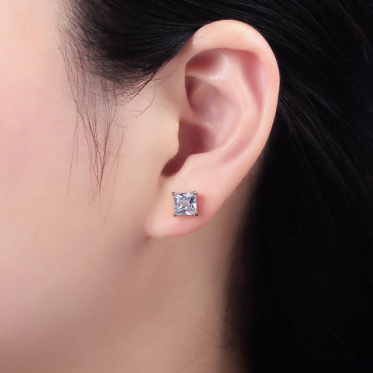 S925 Sterling Silver Clear CZ Baguette Square Stud Earrings | SL-482