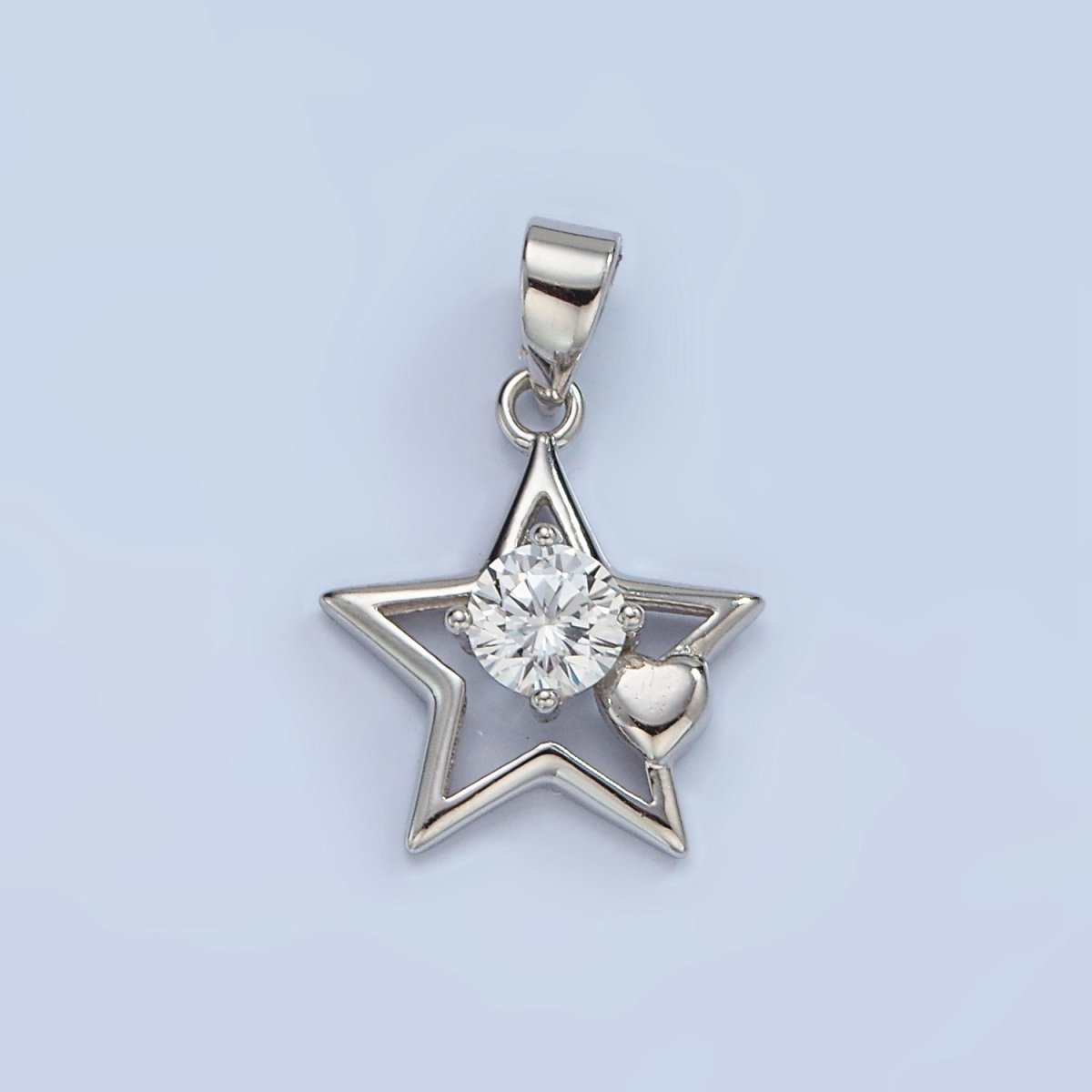 S925 Sterling Silver Clear CZ Heart Open Celestial Star Pendant | SL-447