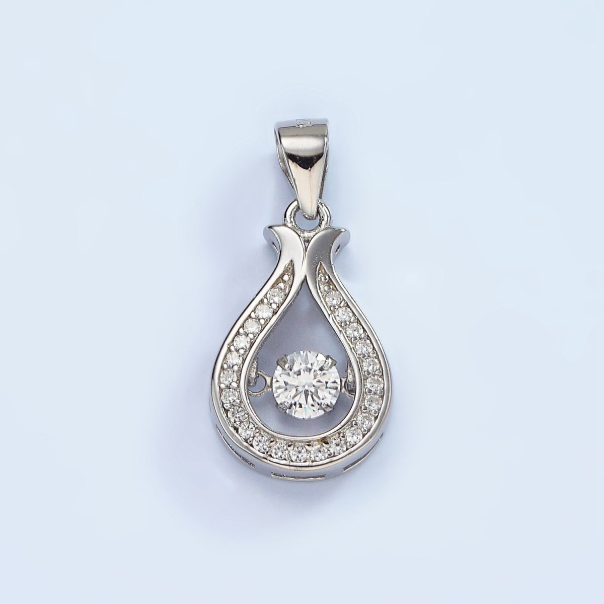 S925 Sterling Silver Clear CZ Open Micro Paved Teardrop Tulip Pendant | SL-448