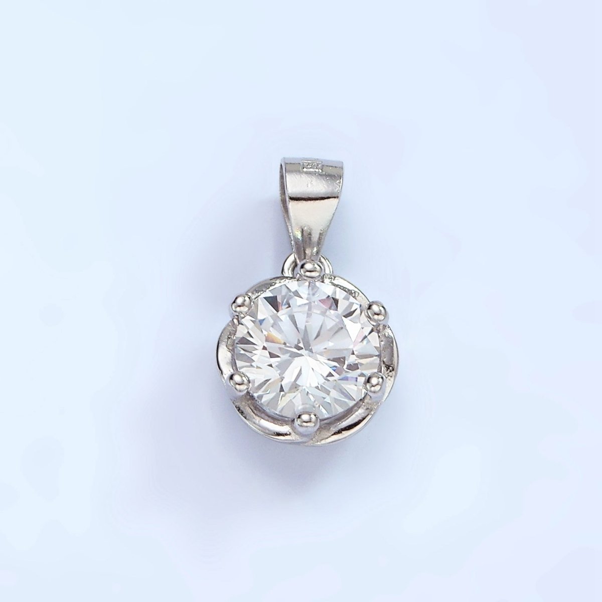 S925 Sterling Silver Clear CZ Round Dotted Bezel Solitaire Pendant | SL-453