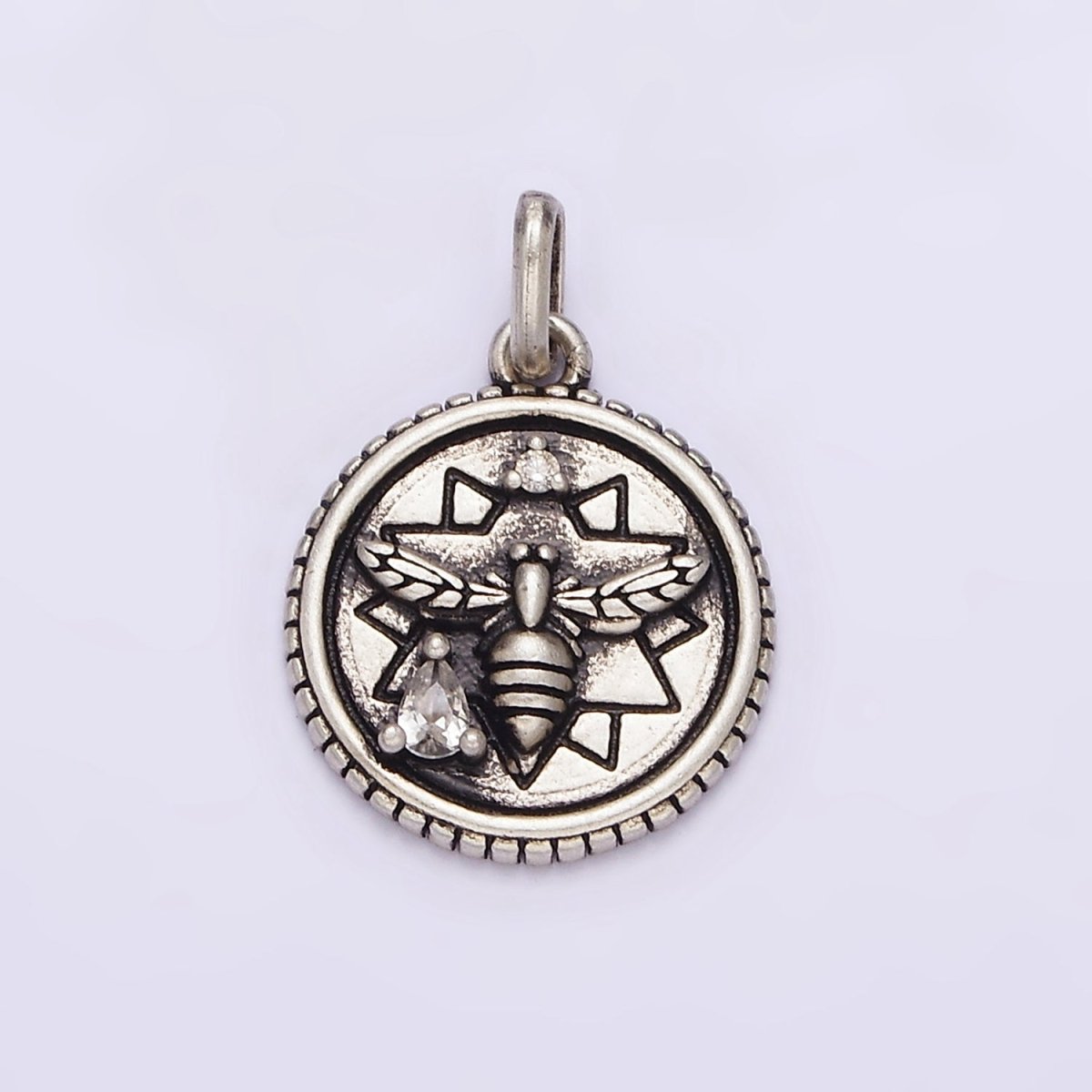 S925 Sterling Silver Clear Teardrop Star Lined Bee Round Pendant | SL-326