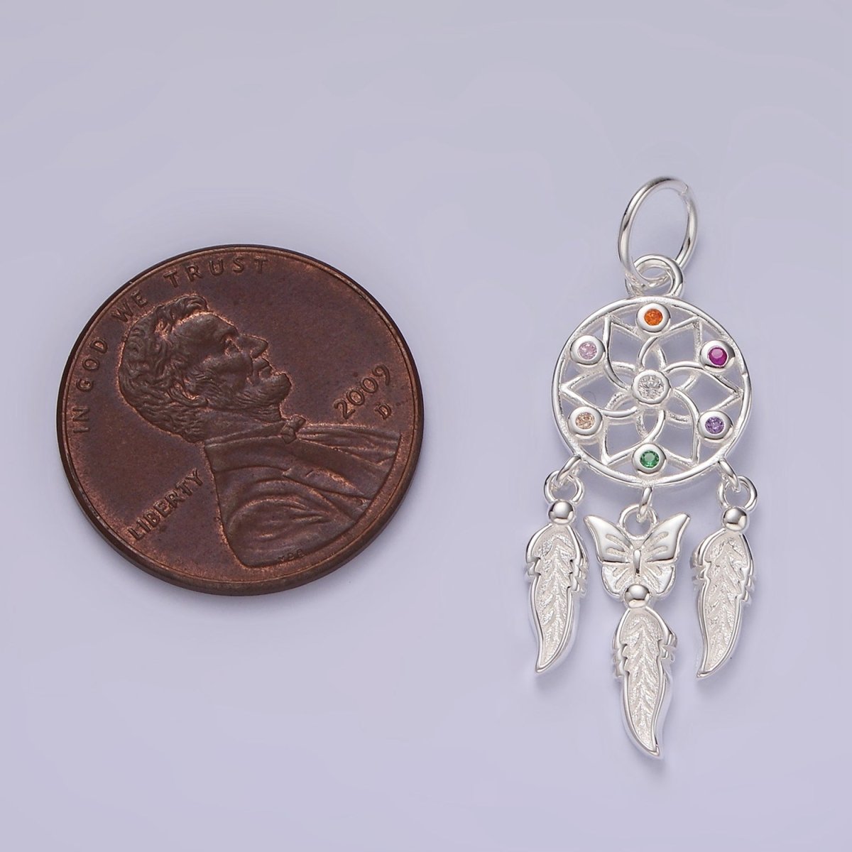 S925 Sterling Silver CZ Multicolor Flower Butterfly Feather Dreamcatcher Open Charm | SL-431