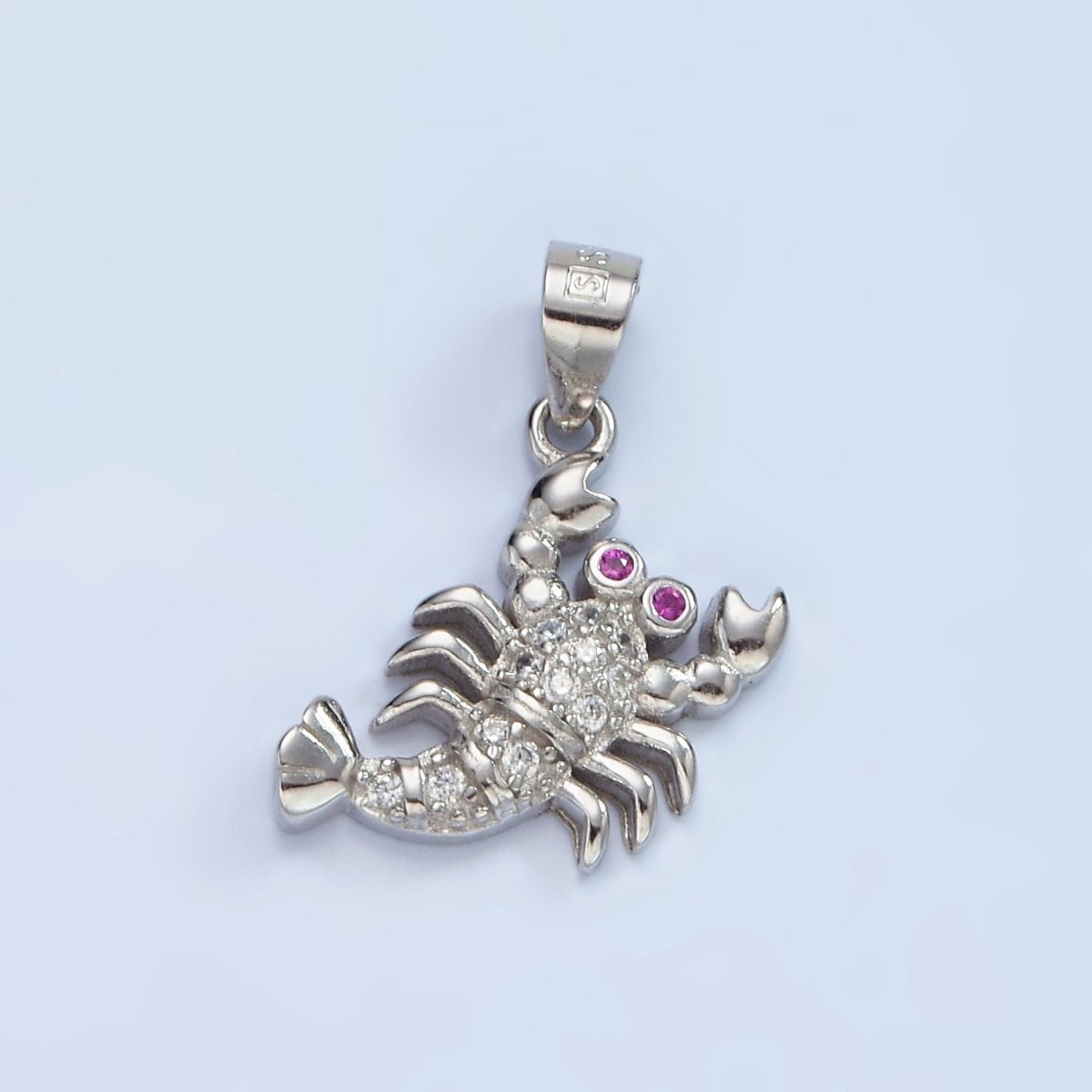 S925 Sterling Silver Fuchsia-Eyed Micro Paved CZ Lobster Animal Pendant | SL-463