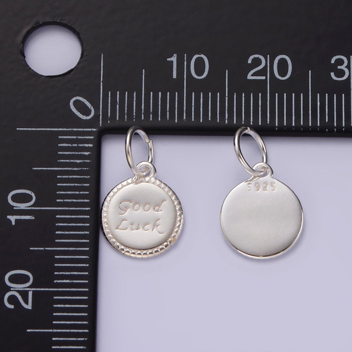 S925 Sterling Silver "Good Luck" Script Engraved Round Charm | SL-434