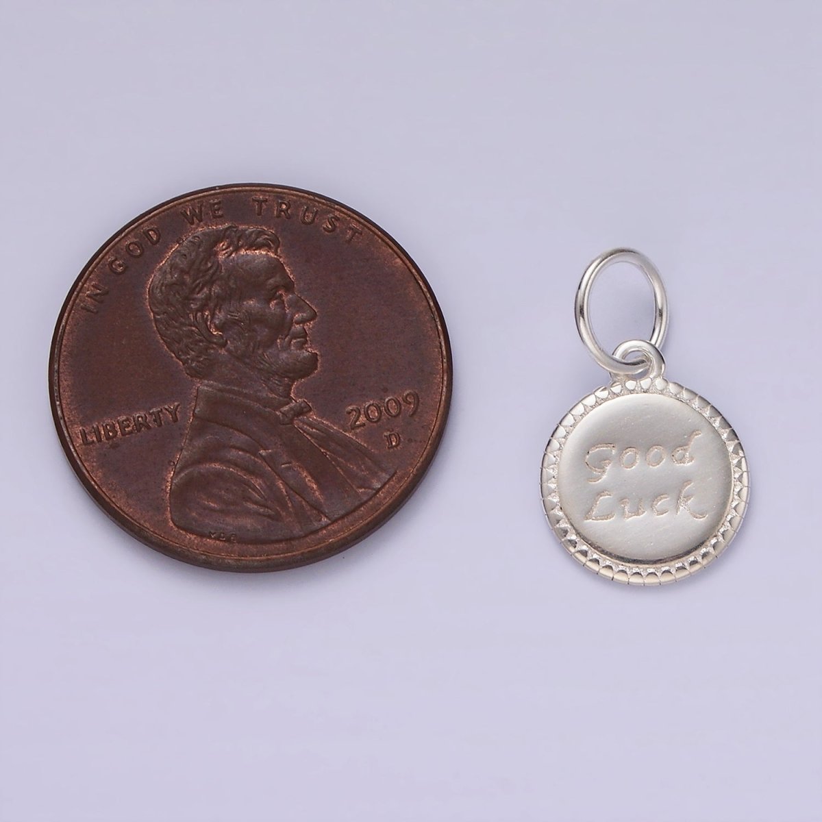 S925 Sterling Silver "Good Luck" Script Engraved Round Charm | SL-434